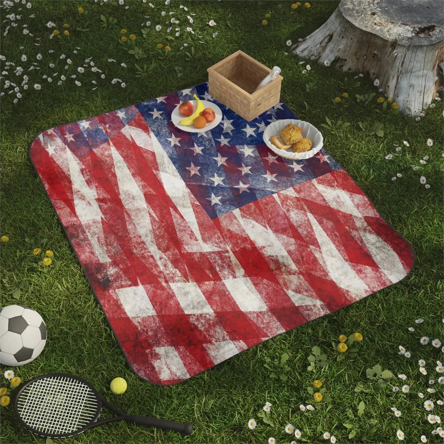 Picnic blanket with American flag design on grass with food, basket, tennis equipment, and soccer ball.