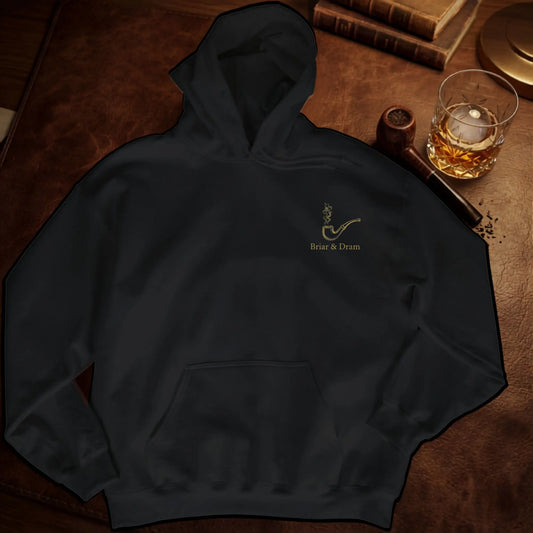 Black hoodie with a smoking pipe logo and "Briar & Dram" text.