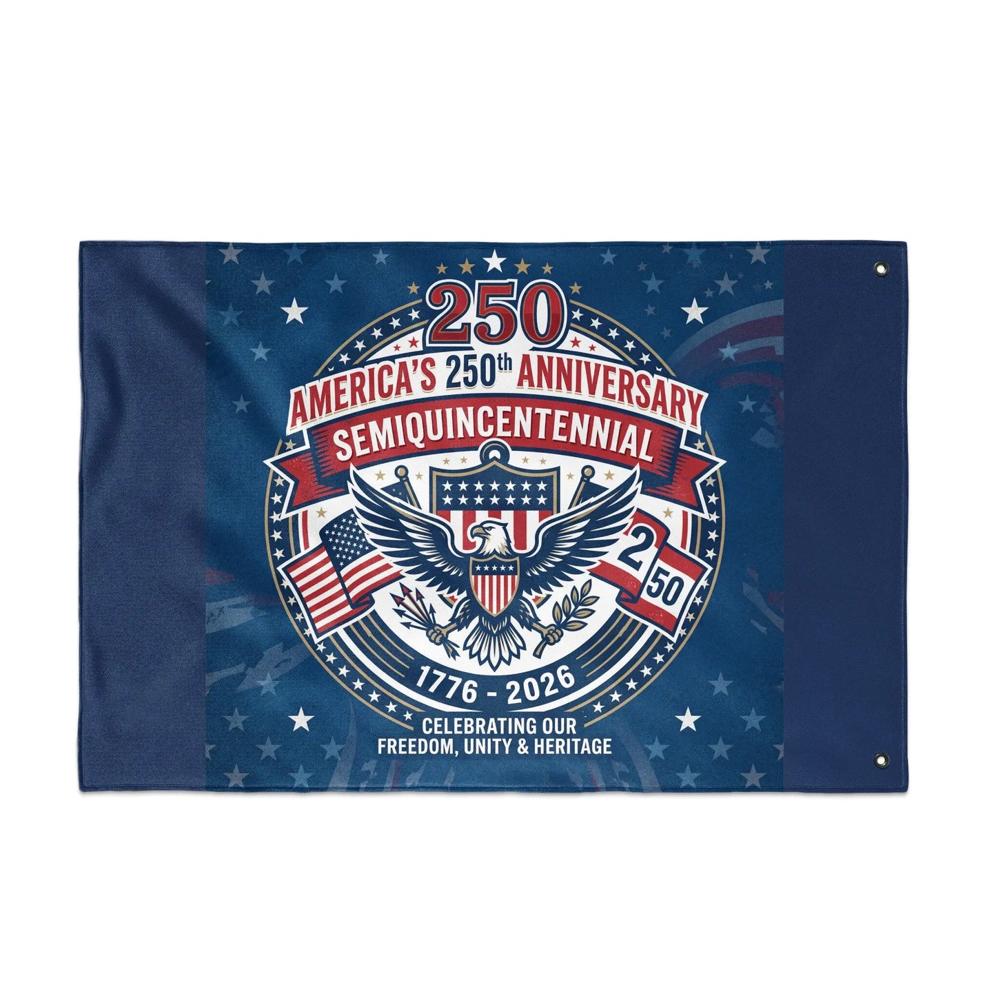 Flag celebrating America's 250th Anniversary with eagle, flags, and text.
