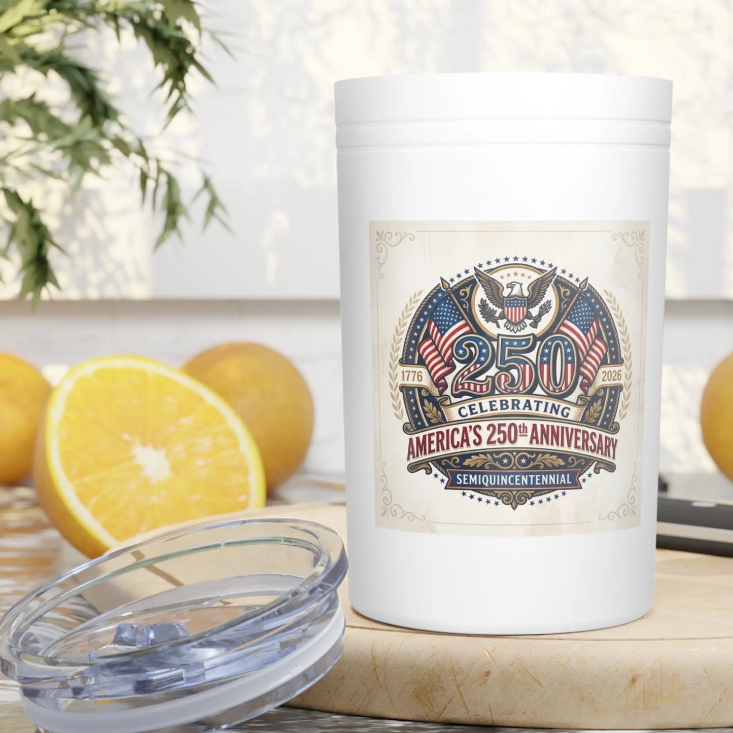 White tumbler with text "Celebrating America's 250th Anniversary Semiquincentennial".