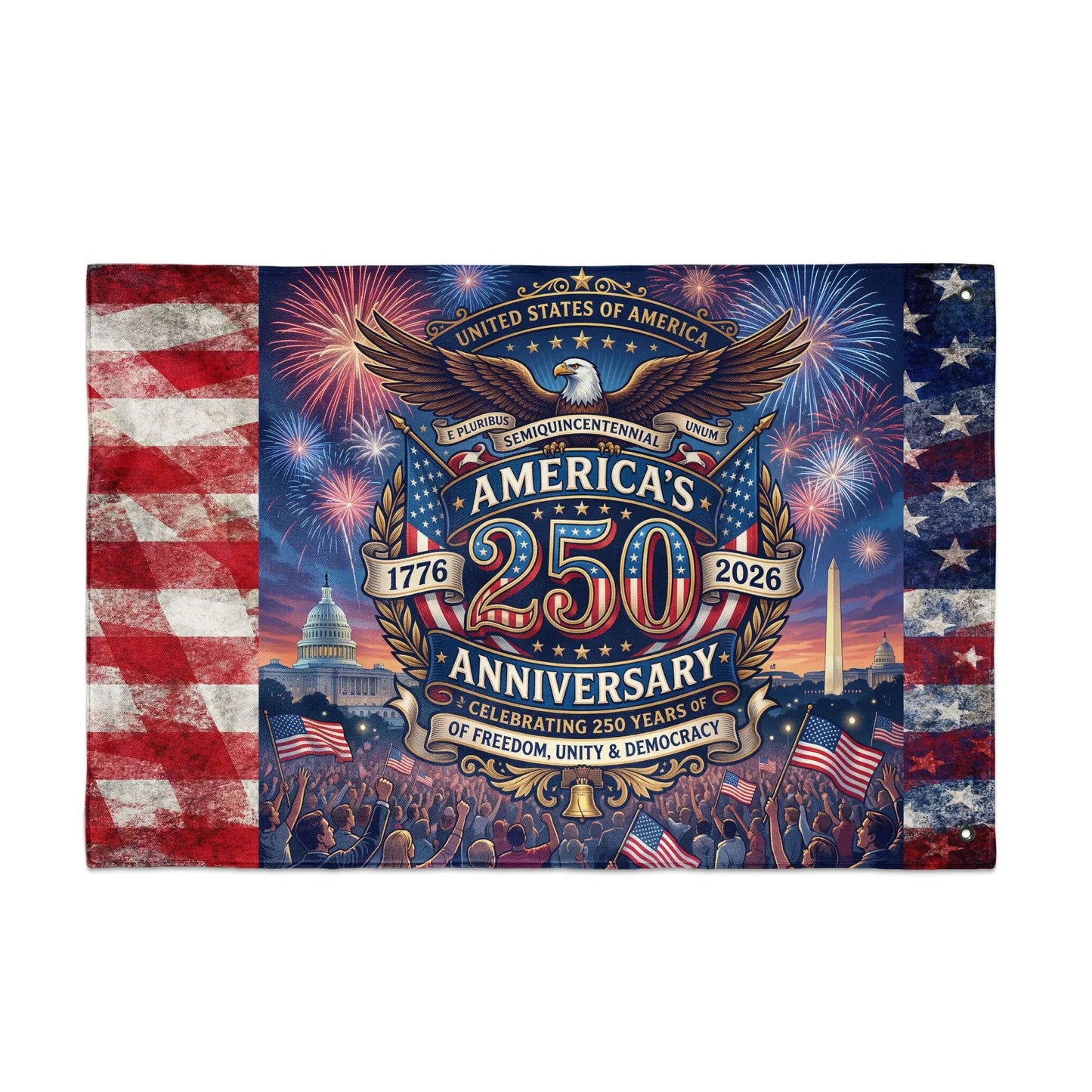 America's 250th Anniversary banner with eagle, Capitol, Washington Monument, and fireworks.