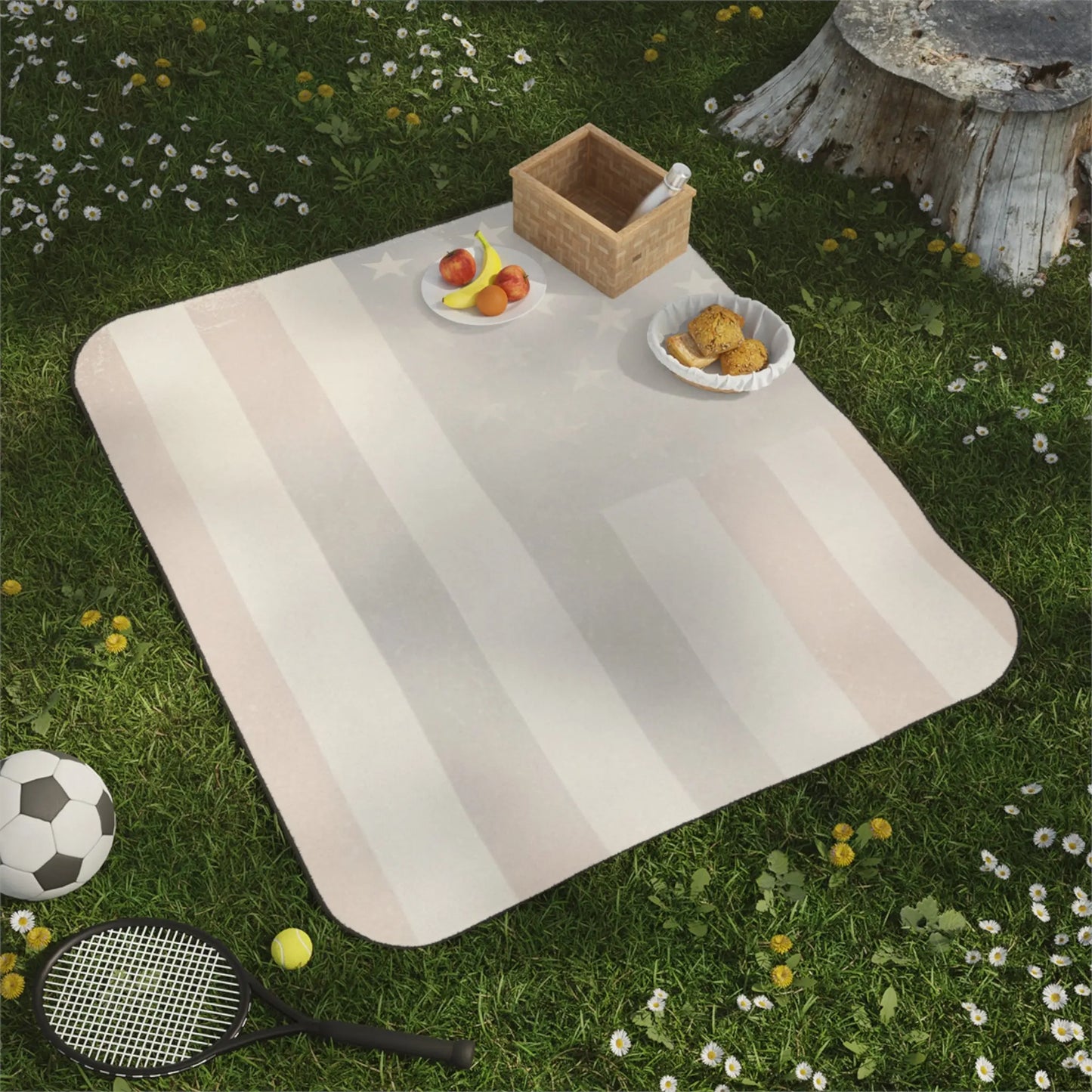 Picnic blanket with fruit, bread, and drinks next to sporting equipment on grass.