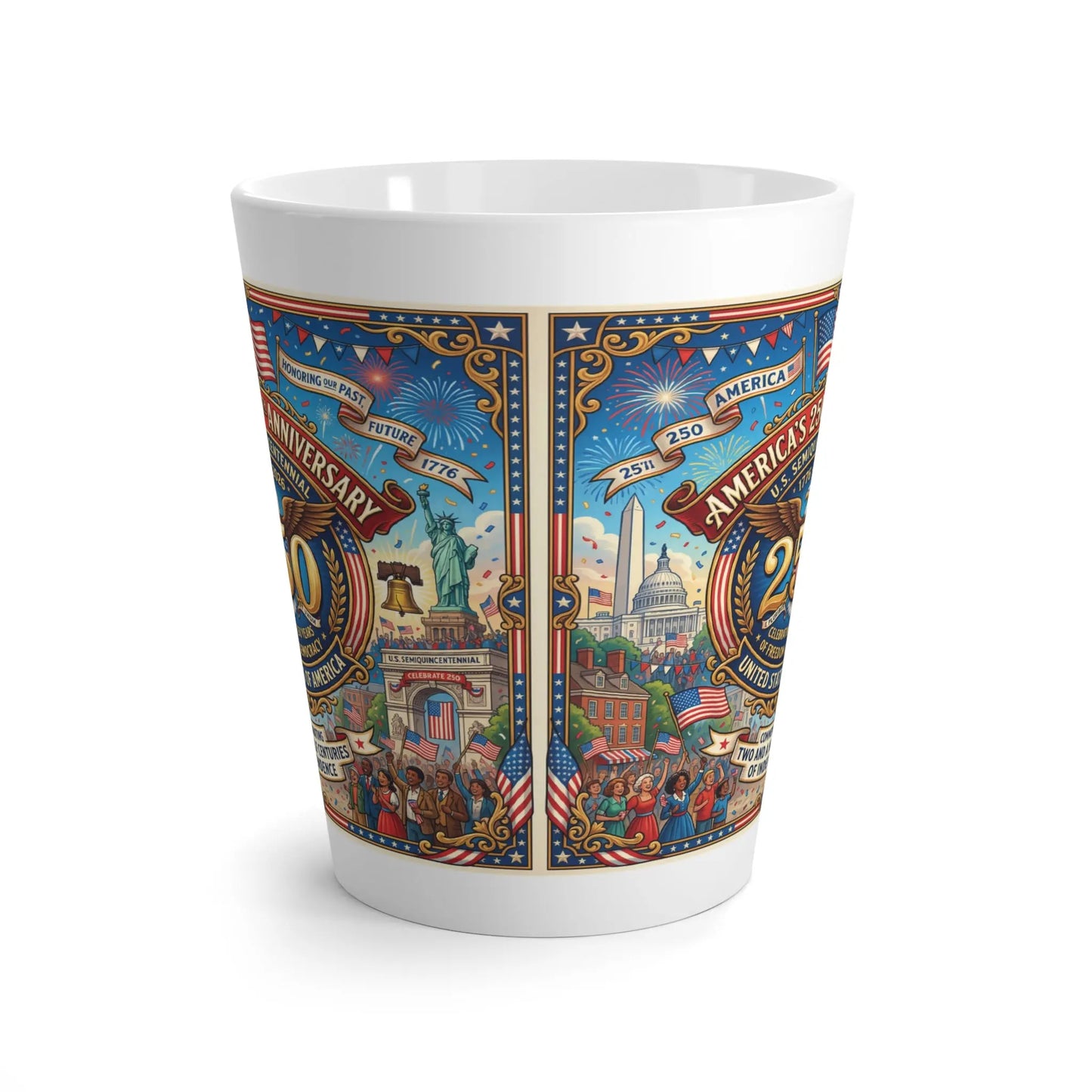 White mug featuring the U.S. Semiquincentennial celebration with landmarks and historical figures.