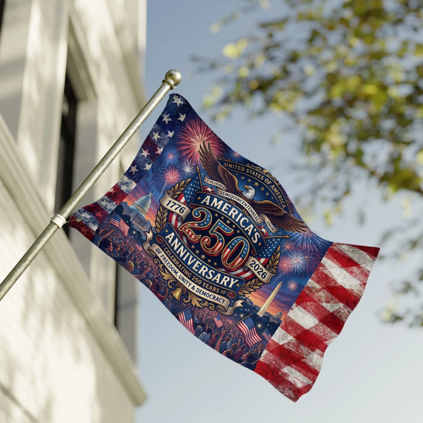 Flag celebrating America's Semiquincentennial 250th anniversary with eagle, fireworks, and Capitol.