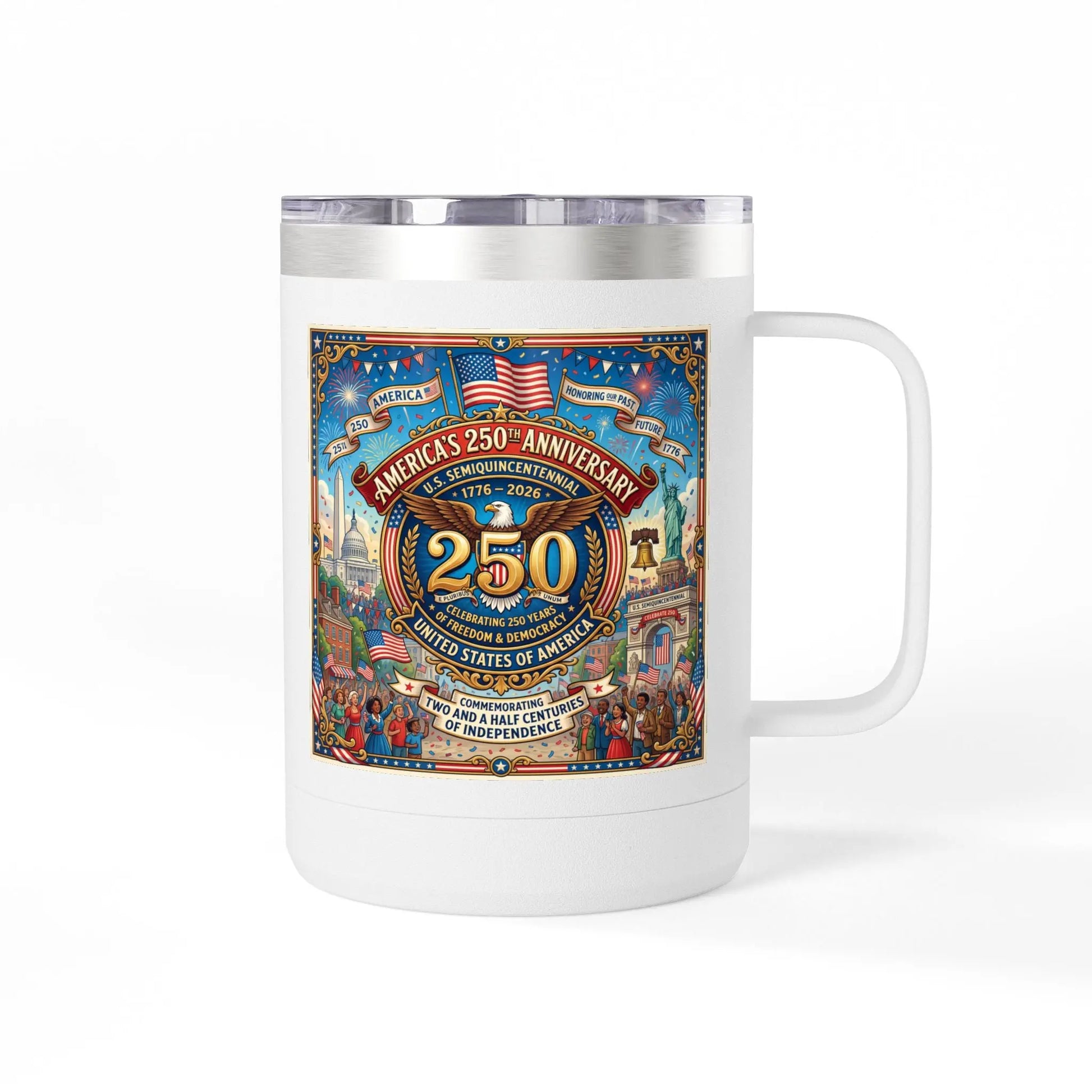 White mug with America's 250th Anniversary design celebrating freedom and democracy.