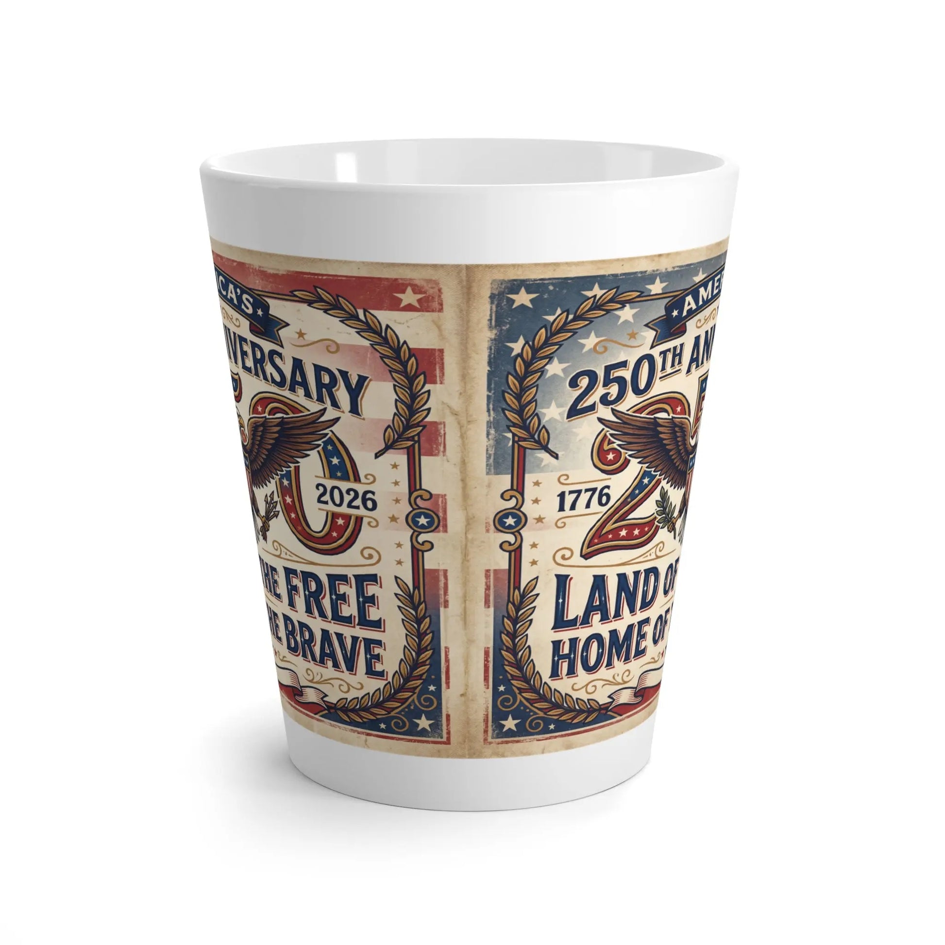 White mug with American flag motifs and text celebrating the 250th anniversary.