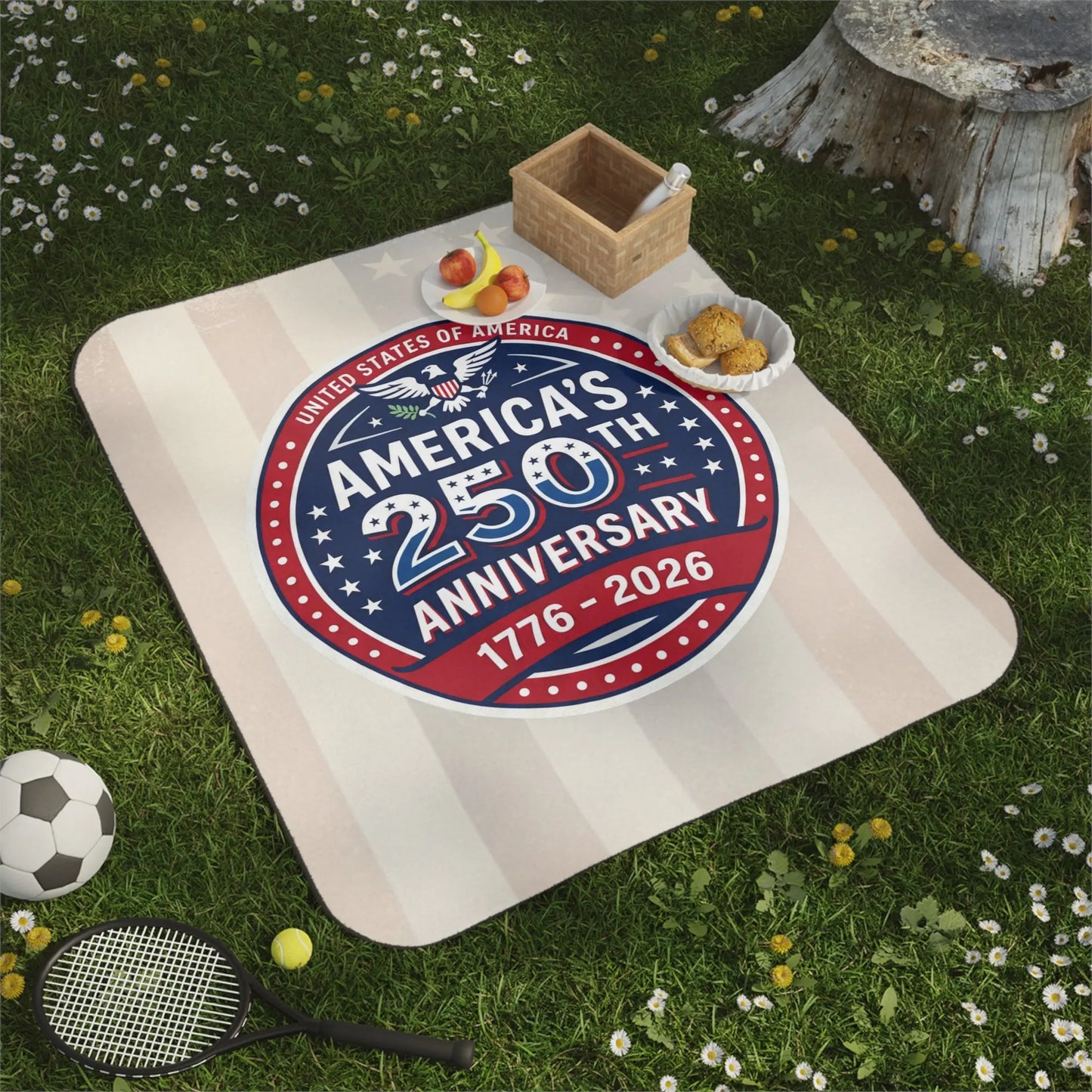 Picnic blanket celebrates America's 250th Anniversary, 1776-2026.