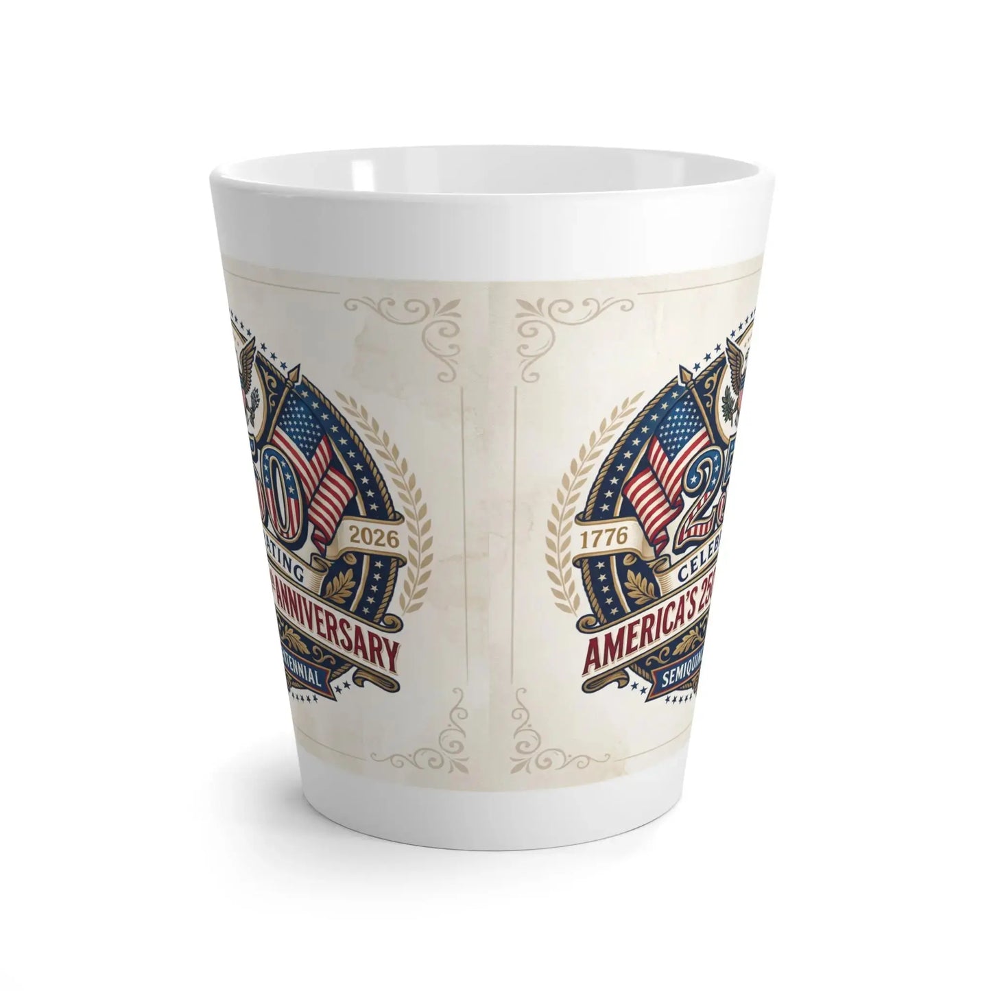 White mug with 250th anniversary design featuring American flags and eagles.