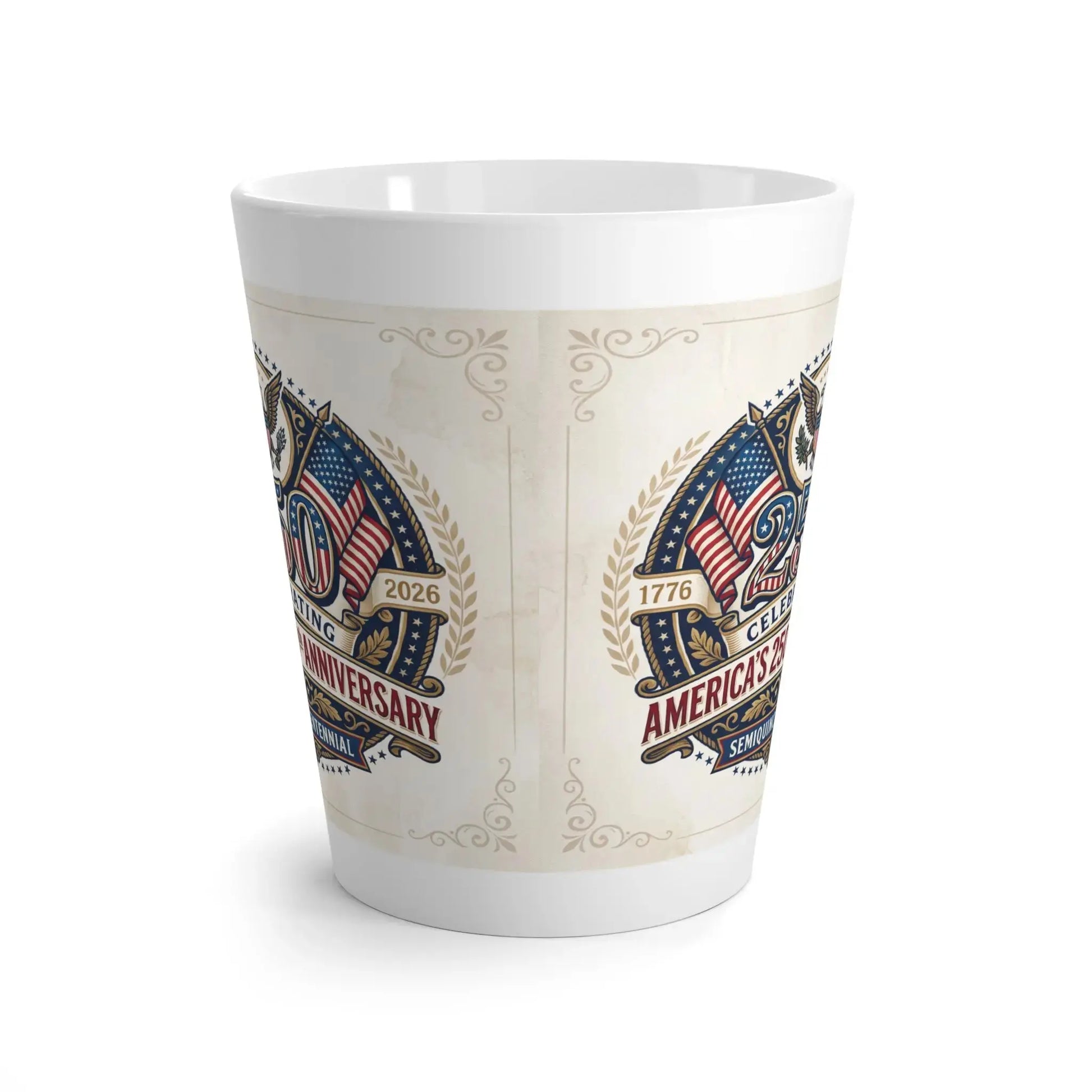 White mug with 250th anniversary design featuring American flags and eagles.