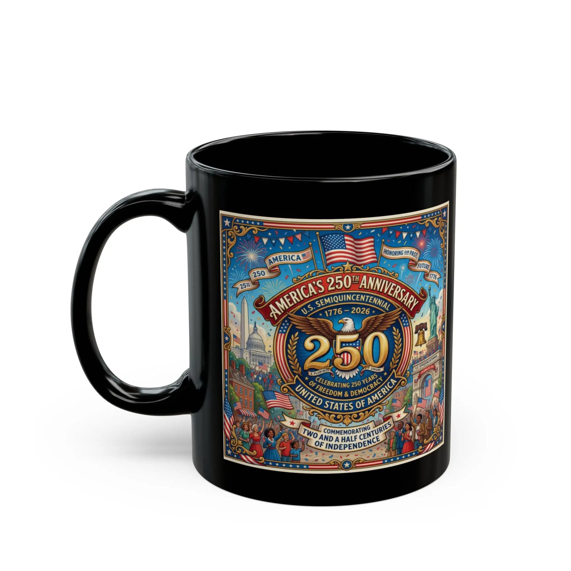 Black mug with America's 250th Anniversary design depicting iconic landmarks.