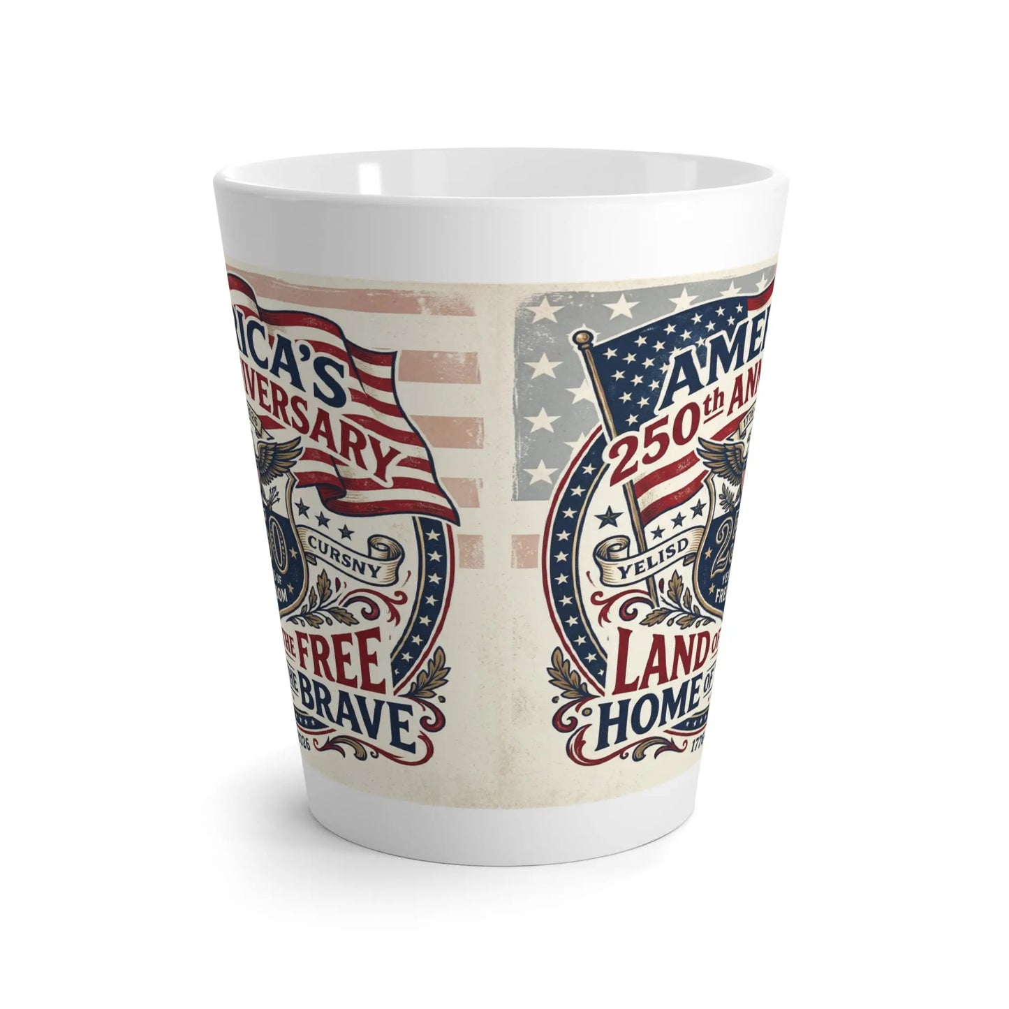 White mug with "America's Anniversary 250th" and patriotic designs.