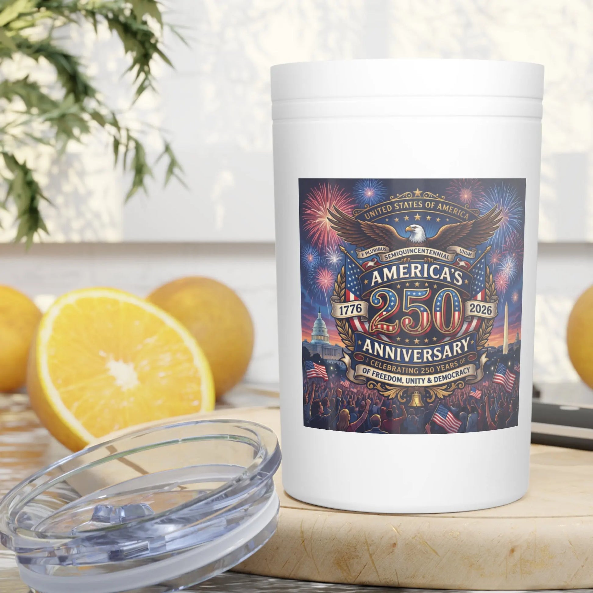 White tumbler decorated with America's 250th Anniversary design.