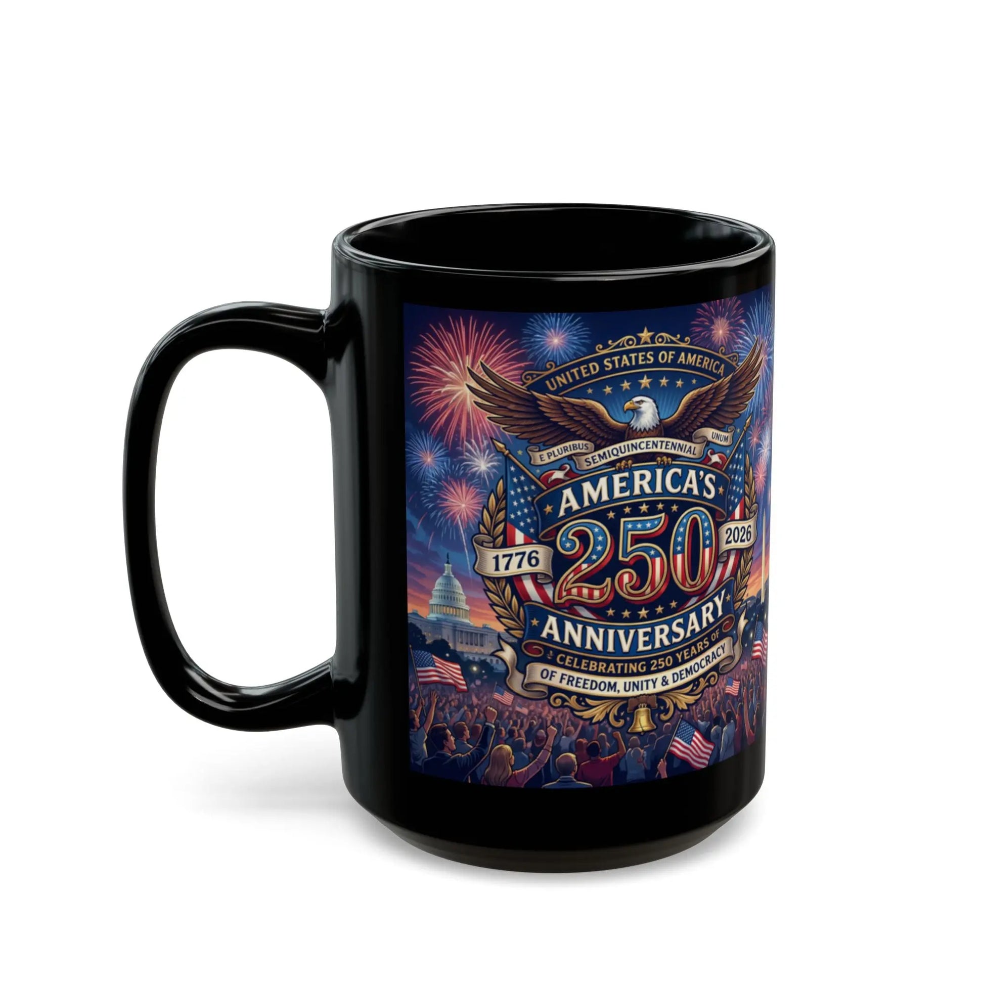 Black mug featuring America's 250th Anniversary design with fireworks and the Capitol.