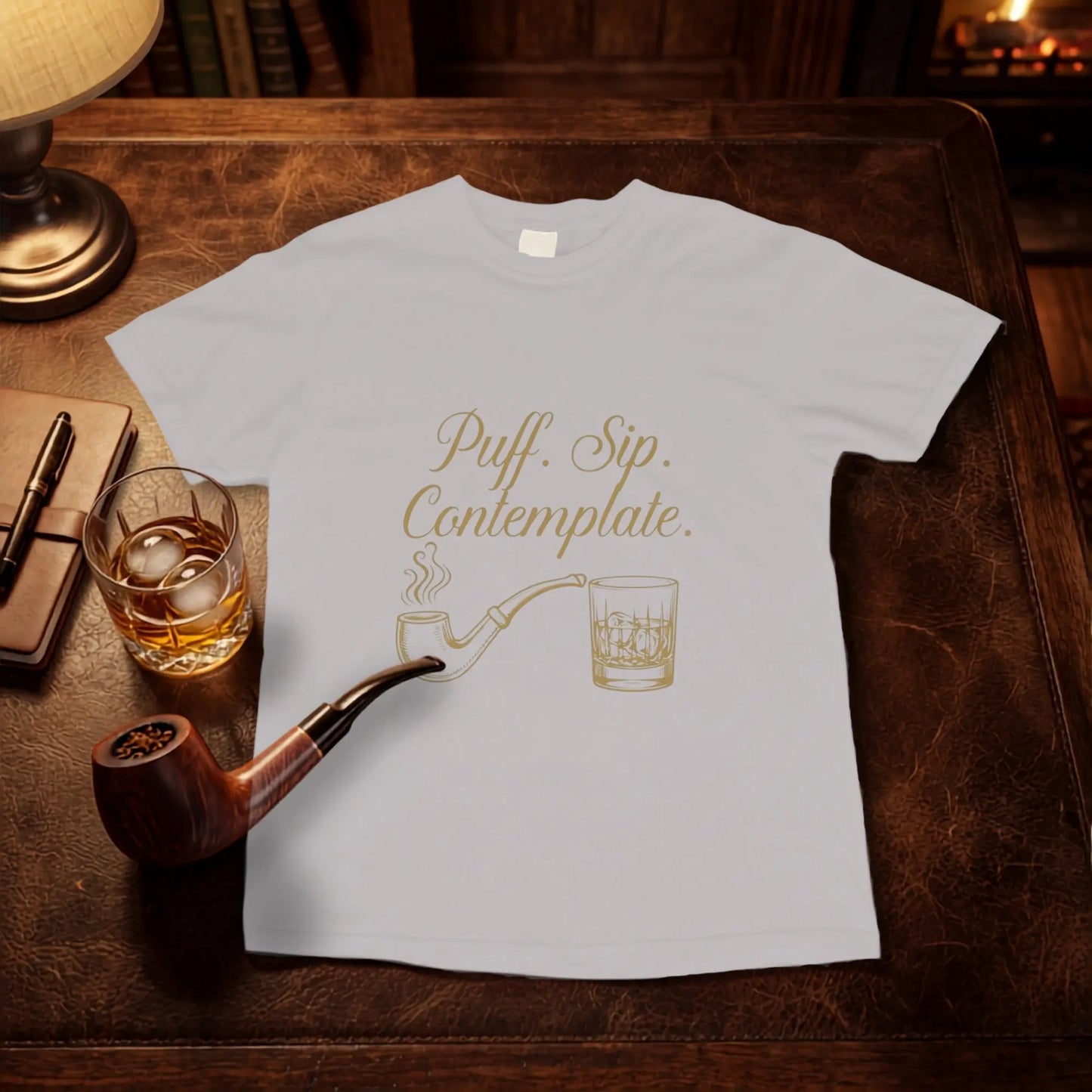 Light gray t-shirt with "Puff. Sip. Contemplate." and pipe/whiskey graphics.