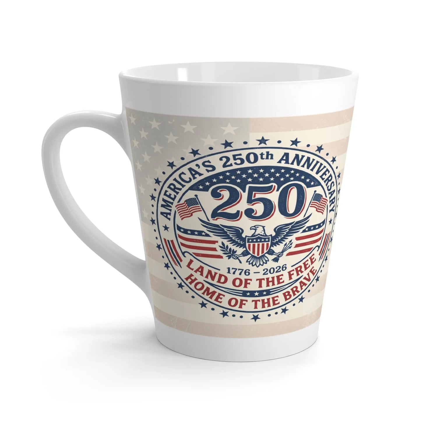 White latte mug with American flag background and 250th anniversary graphic.