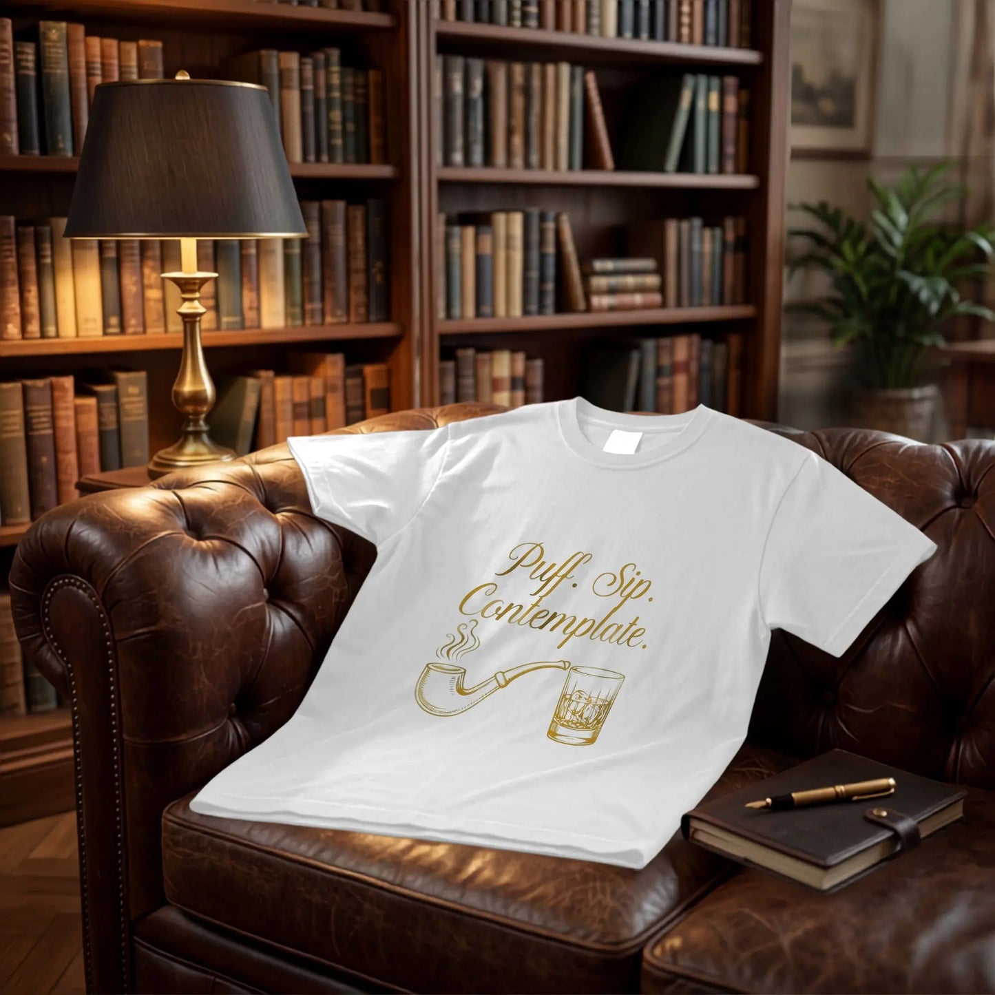 White t-shirt with gold text "Puff. Sip. Contemplate." and pipe and whiskey graphics.
