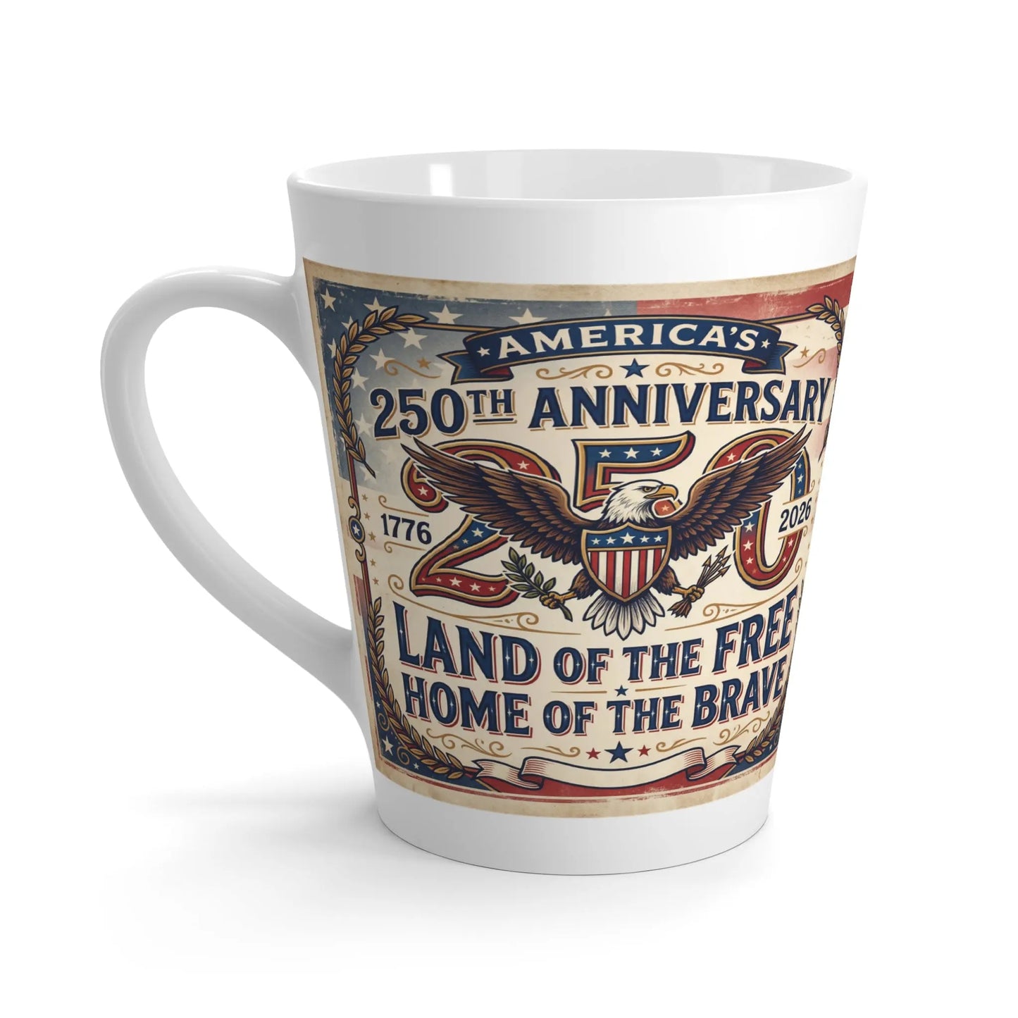 White mug with US flag motif celebrating America's 250th Anniversary, featuring an eagle.