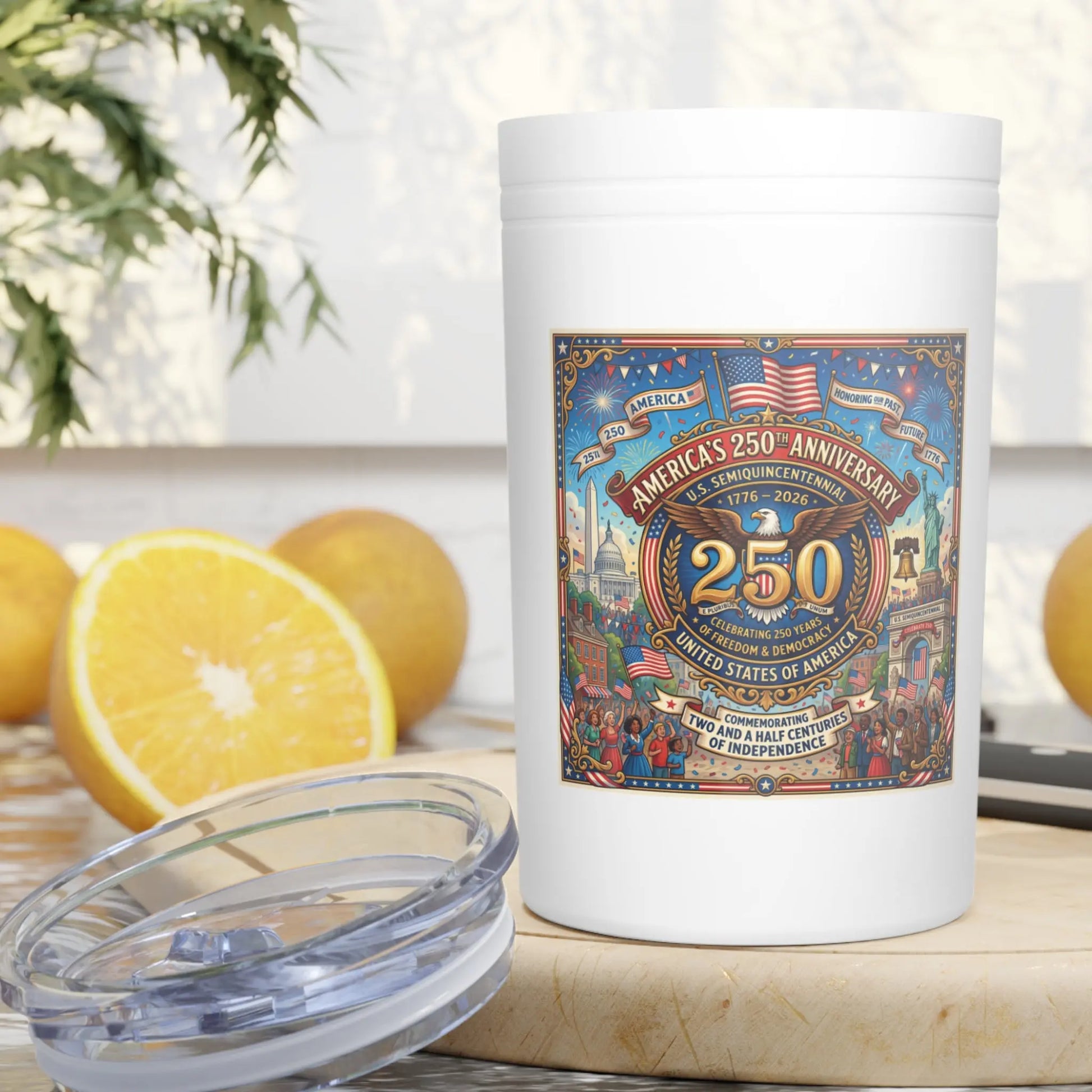 White tumbler with America's 250th Anniversary commemorative design.