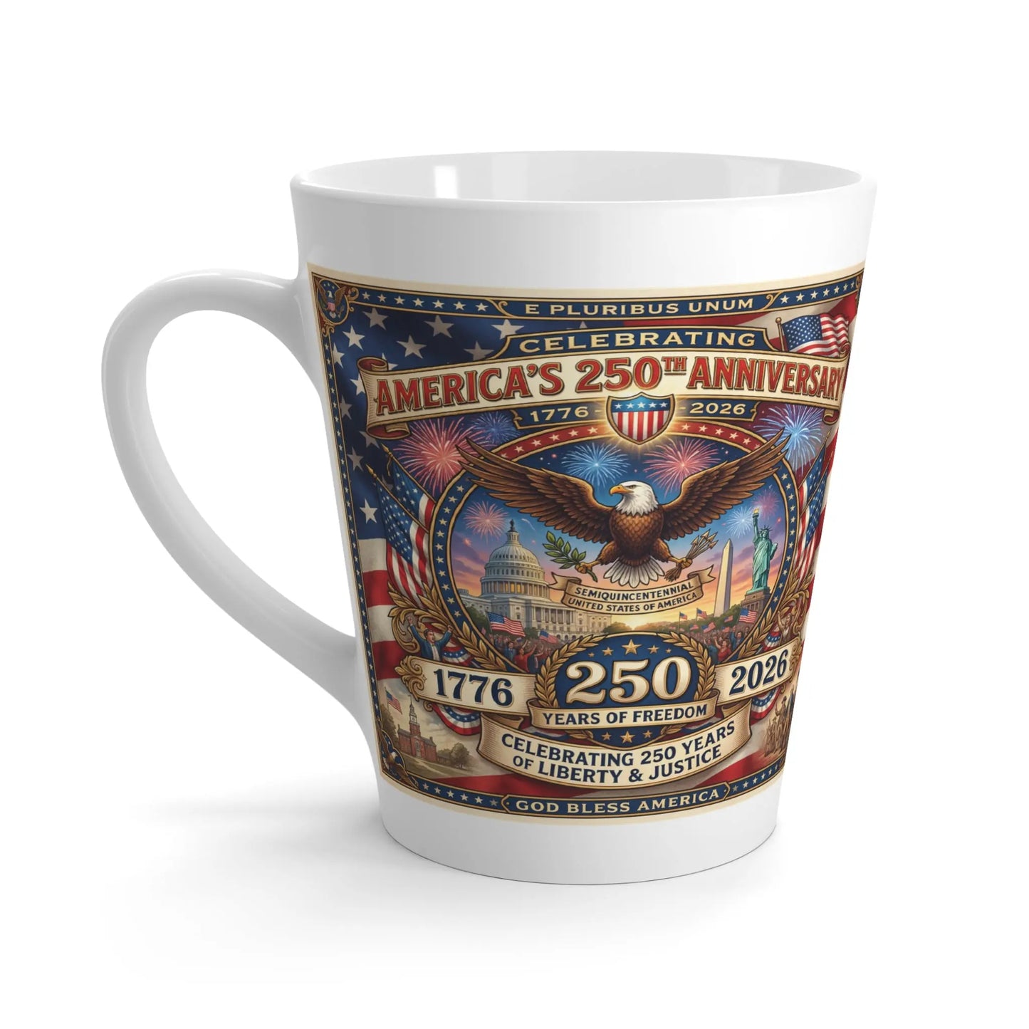 White mug celebrating America's 250th anniversary with patriotic imagery and text.