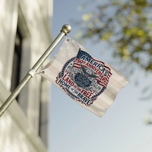 American flag with "America's 250th Anniversary" and "Land of the Free Home of the Brave" text.