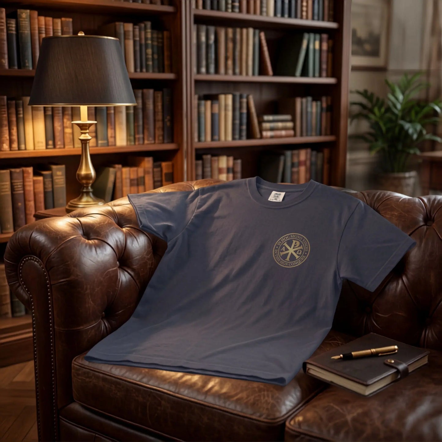 Dark t-shirt with gold Chi Rho symbol and Latin text "In Hoc Signo Vinces" on brown leather sofa.