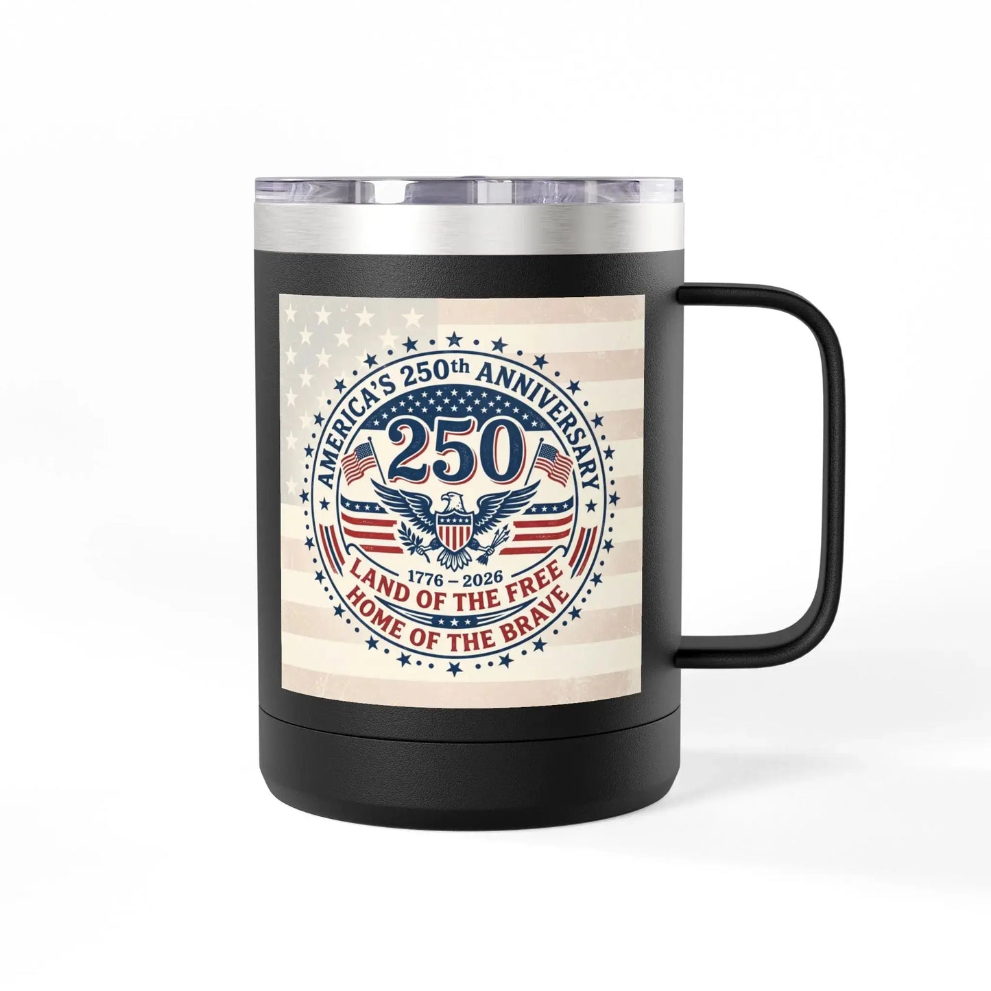 Black mug with America's 250th Anniversary design: Land of the Free, Home of the Brave.