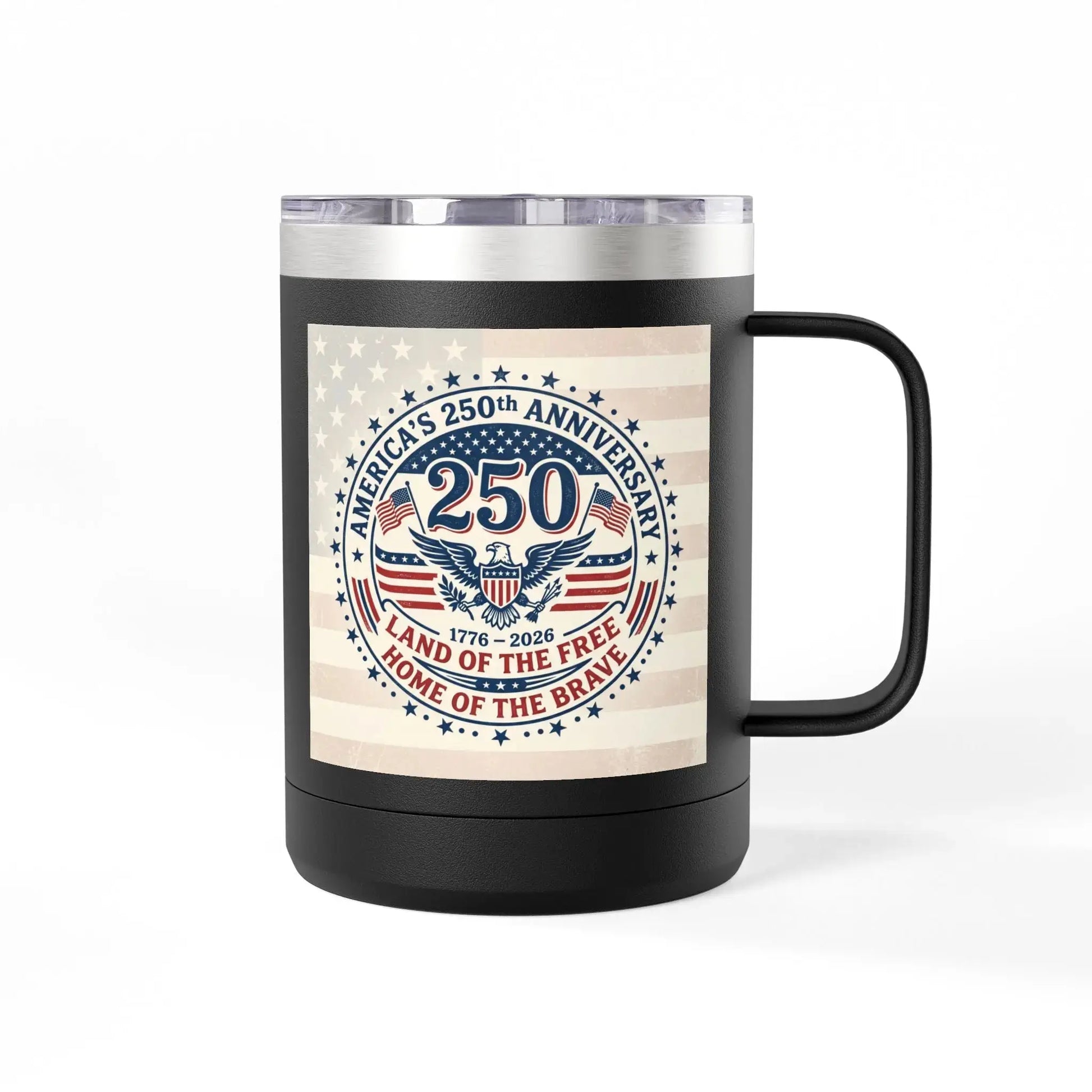 Black mug with America's 250th Anniversary design: Land of the Free, Home of the Brave.