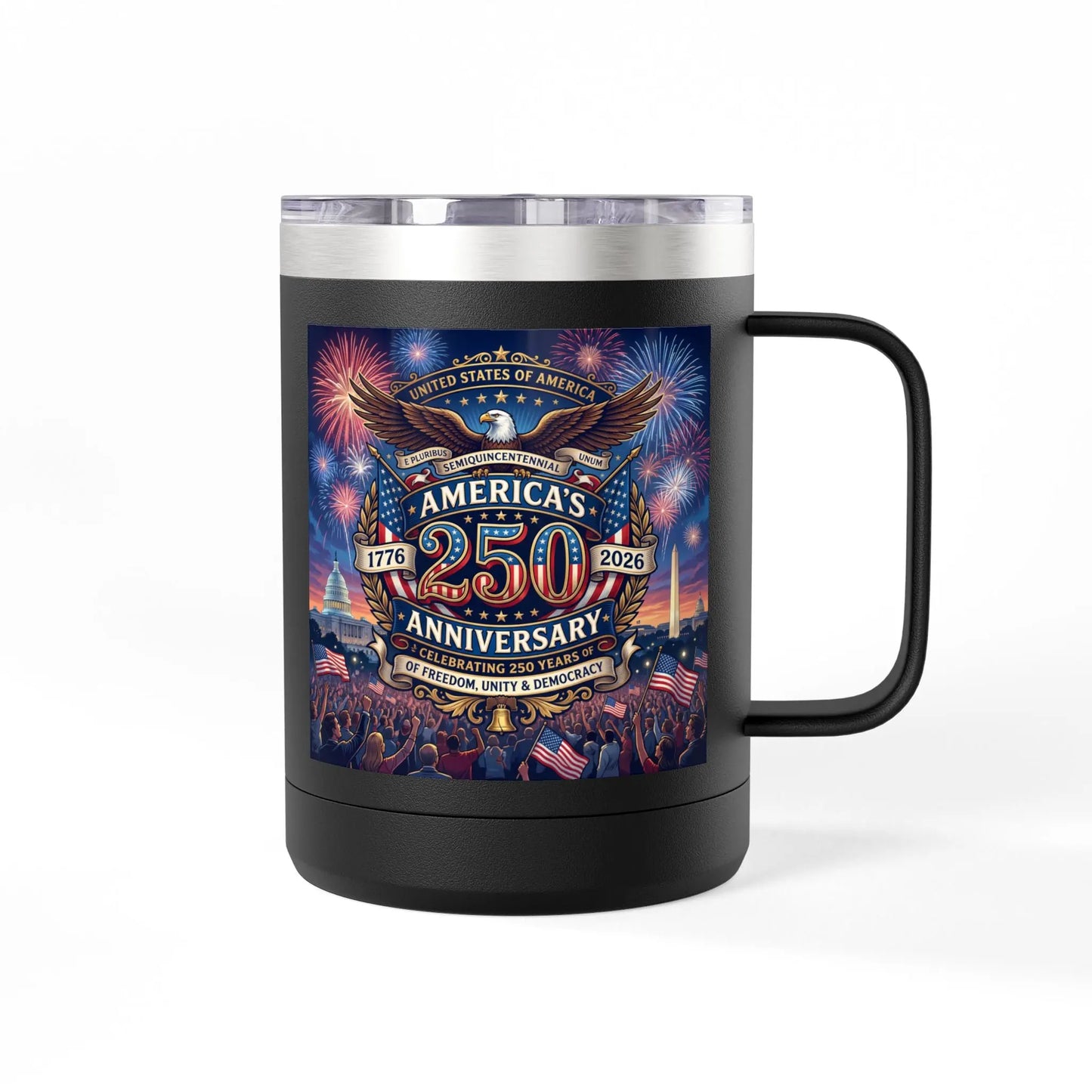 Black mug with patriotic artwork celebrating America's 250th Anniversary from 1776 to 2026.