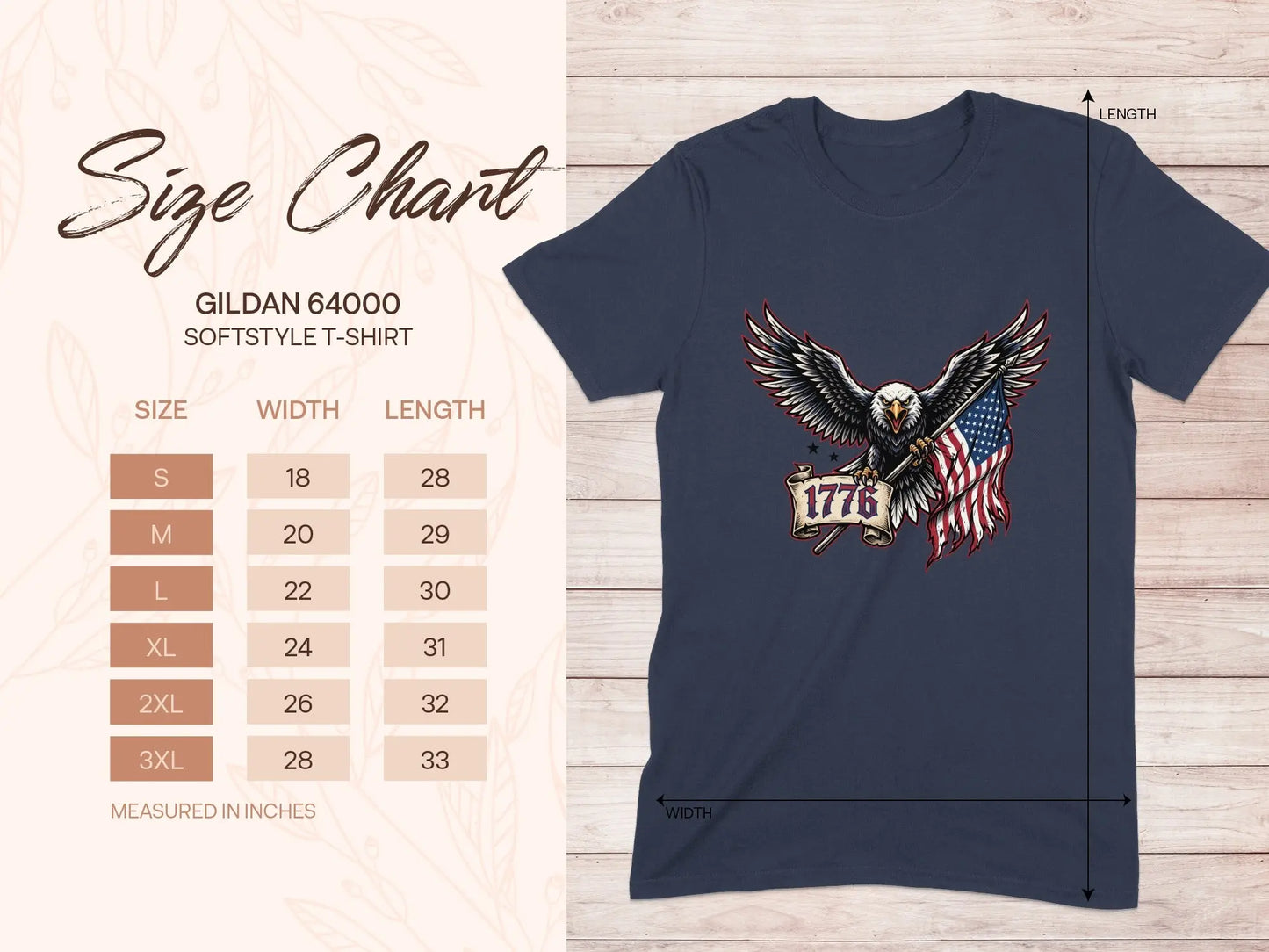 Size chart for Gildan 64000 Softstyle T-Shirt with eagle and American flag graphic.