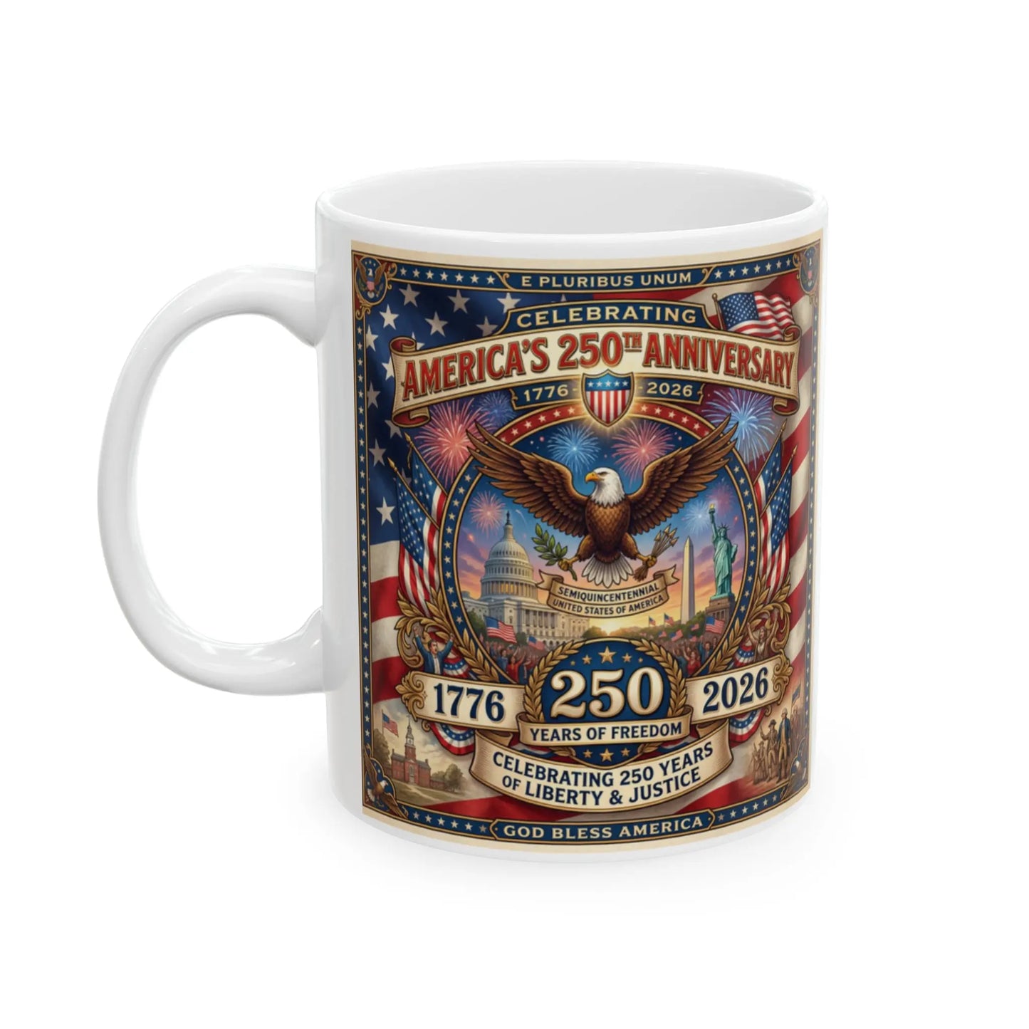 White mug celebrating America's 250th anniversary with patriotic imagery and text.