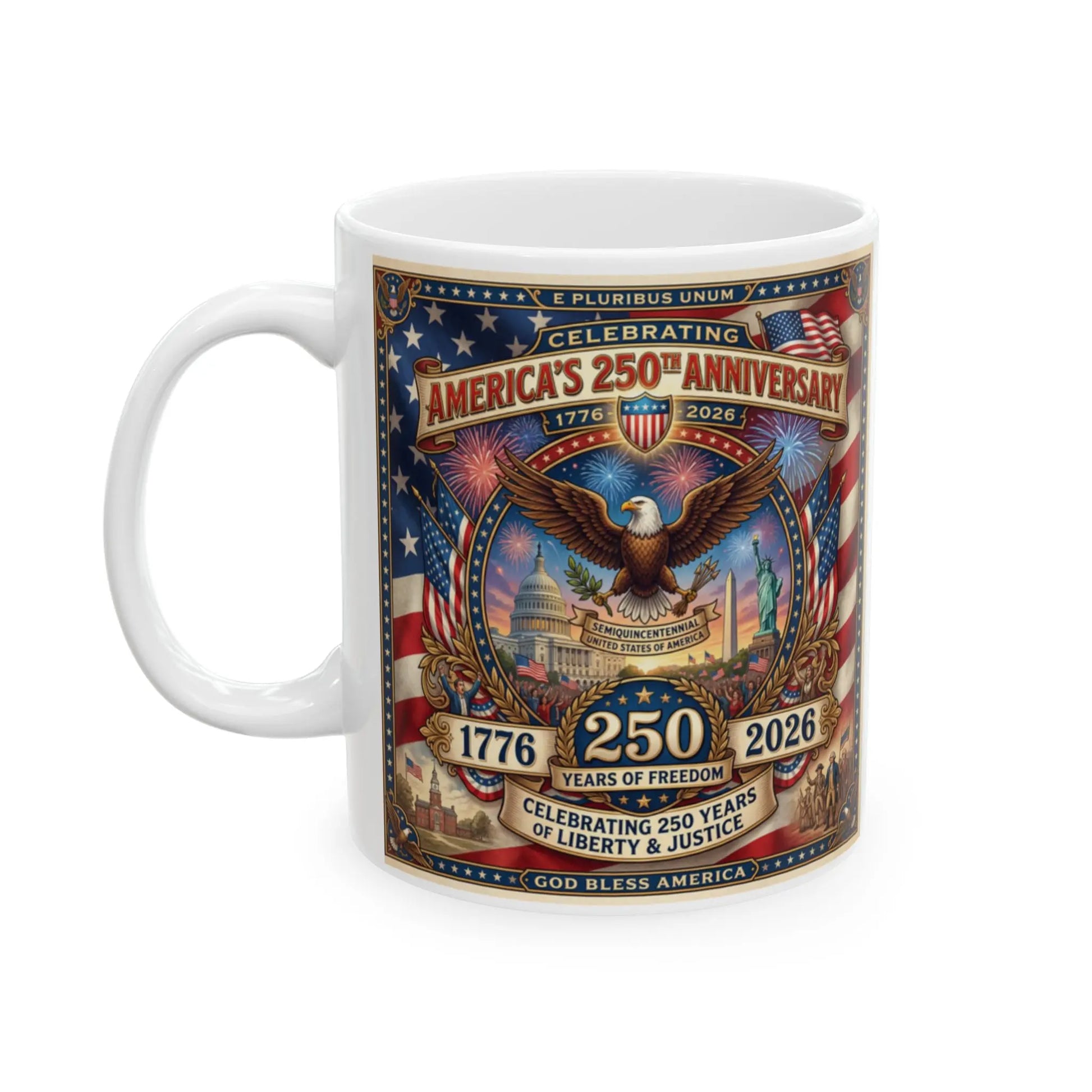 White mug celebrating America's 250th anniversary with patriotic imagery and text.
