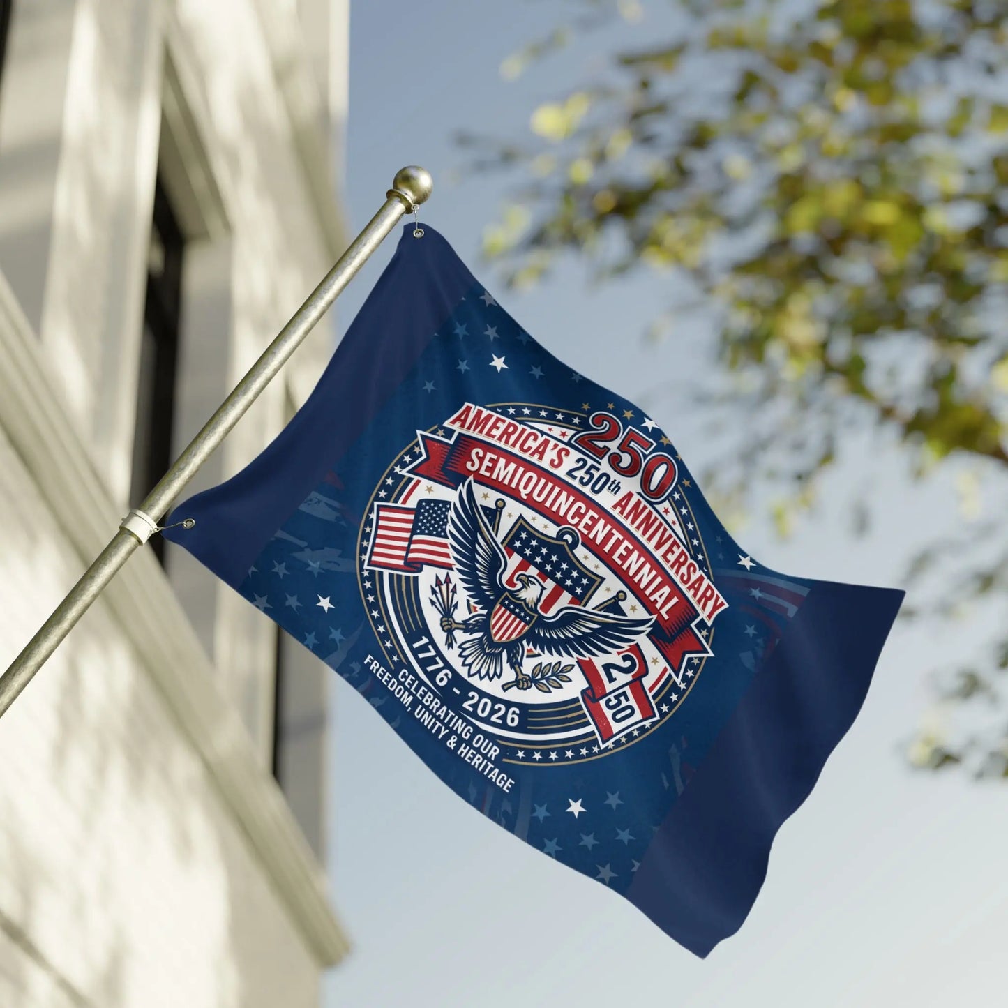 Flag celebrating America's 250th anniversary with eagle, stars, and text "1776-2026".