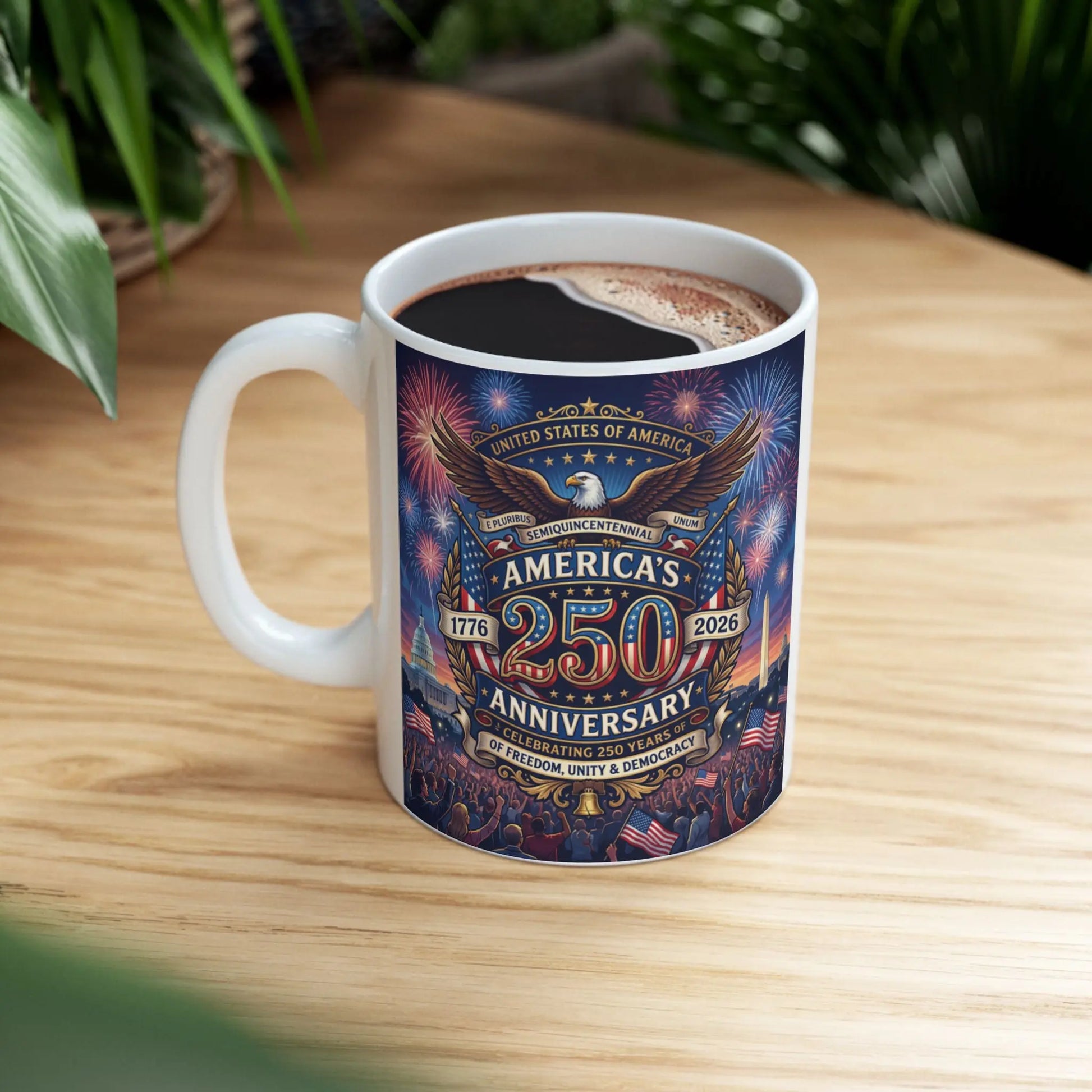 Mug with America's 250th Anniversary design, featuring an eagle and fireworks.