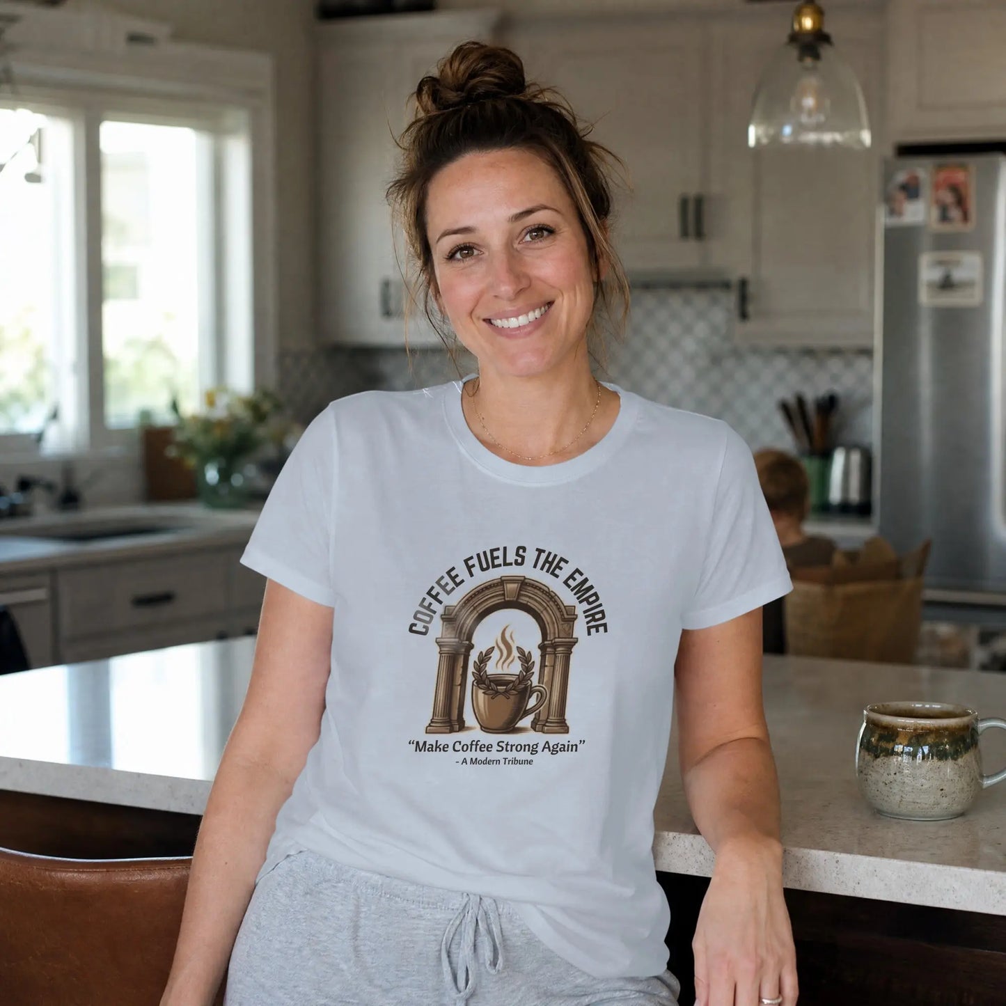 White t-shirt with "Coffee Fuels the Empire" graphic and coffee cup.