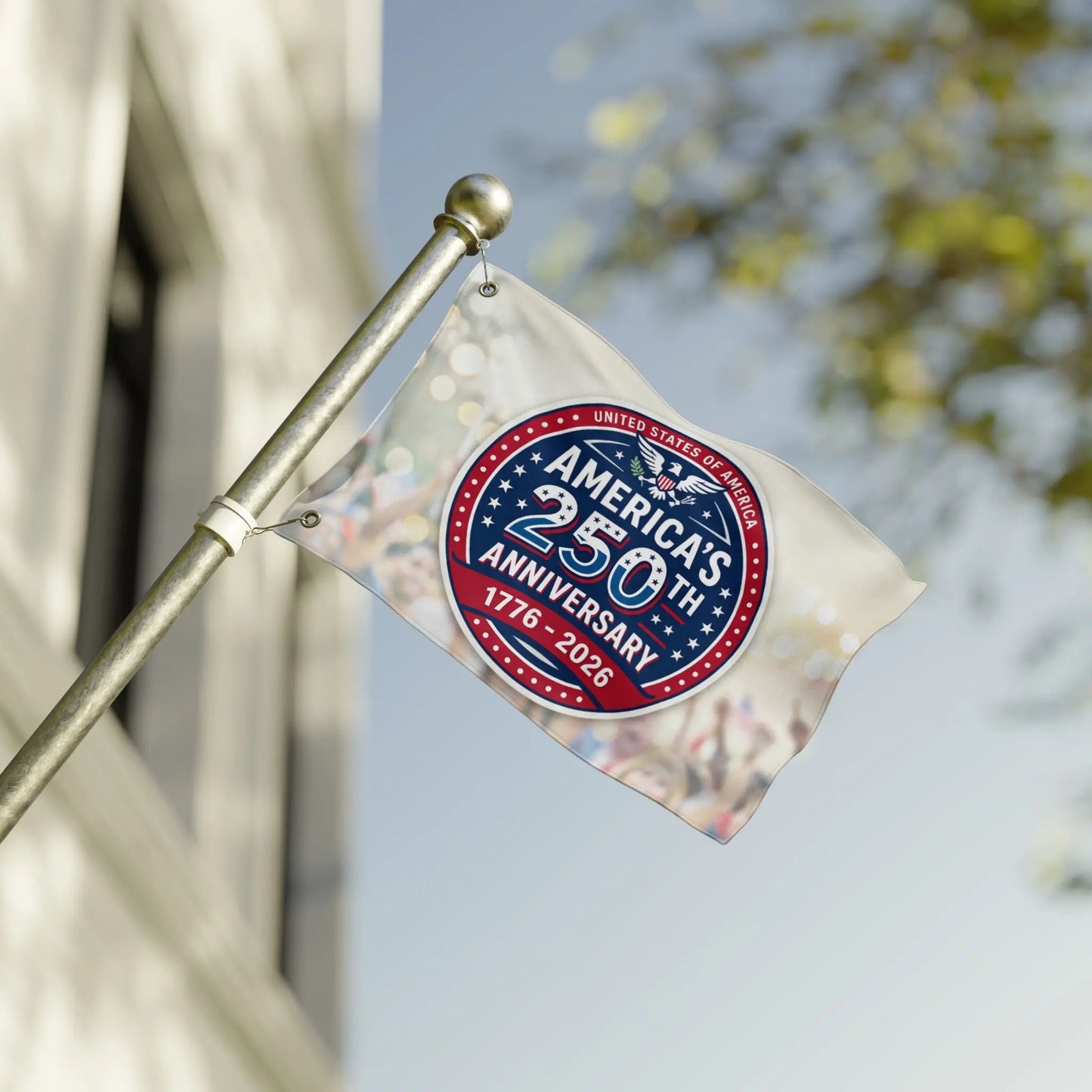Flag with America's 250th Anniversary logo and United States of America text.