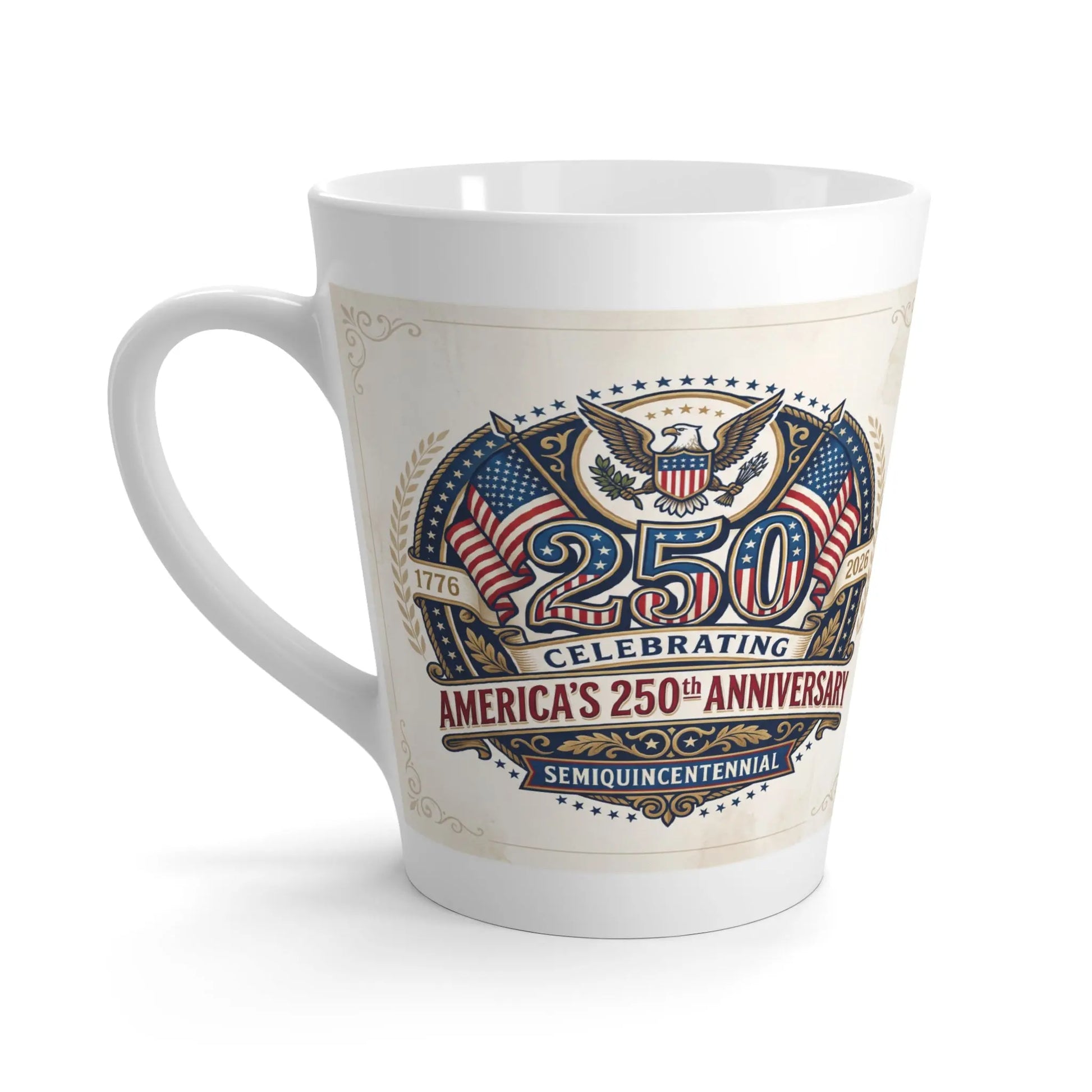 White latte mug celebrating America's 250th Anniversary with flags and eagle motif.