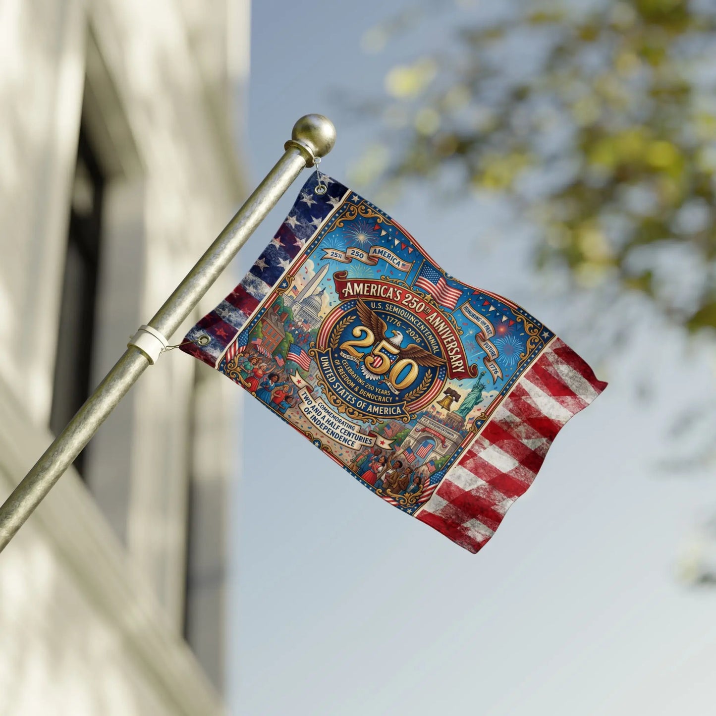 Flag commemorating America's 250th Anniversary with patriotic imagery and text.