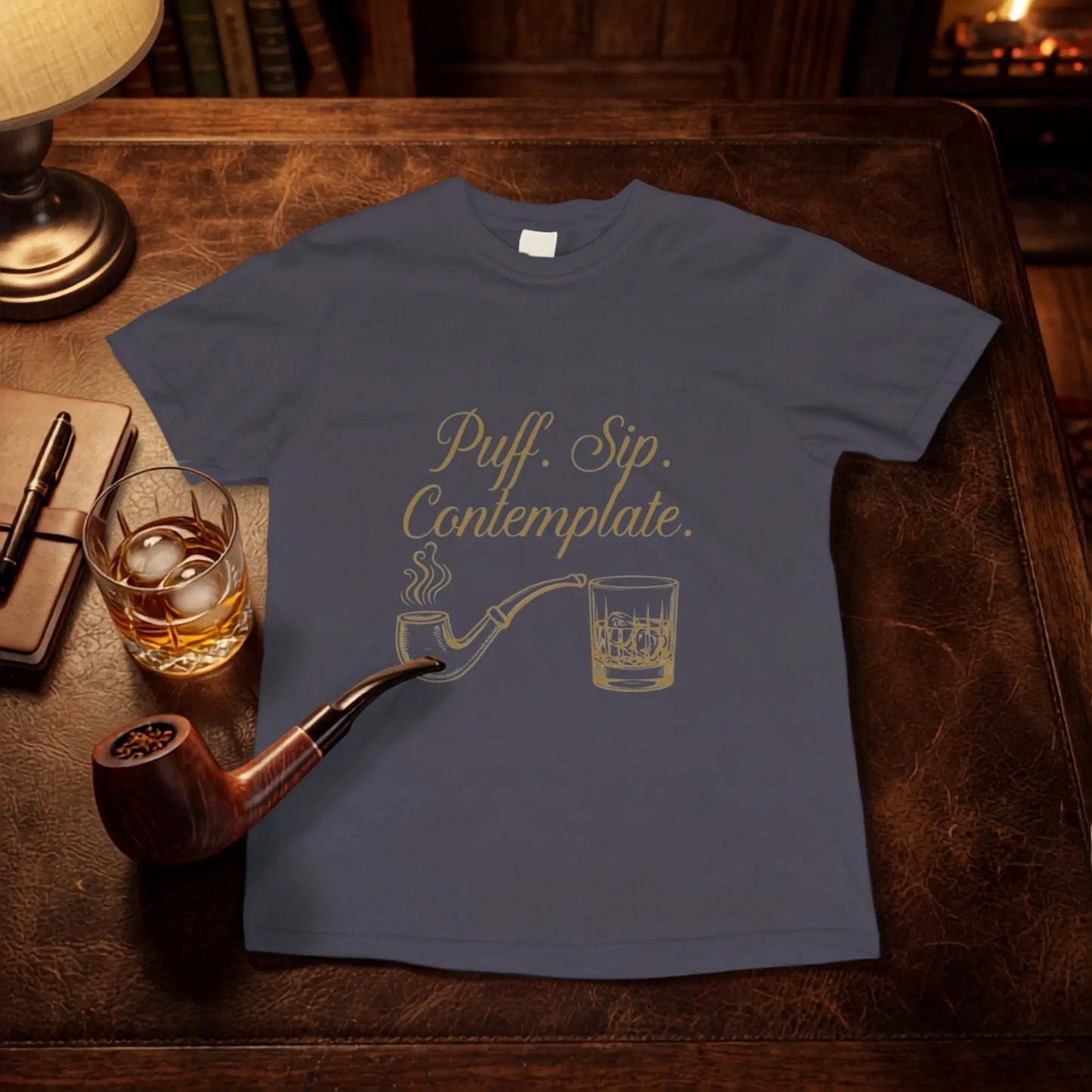 Charcoal t-shirt with "Puff. Sip. Contemplate." and pipe and whiskey graphics.