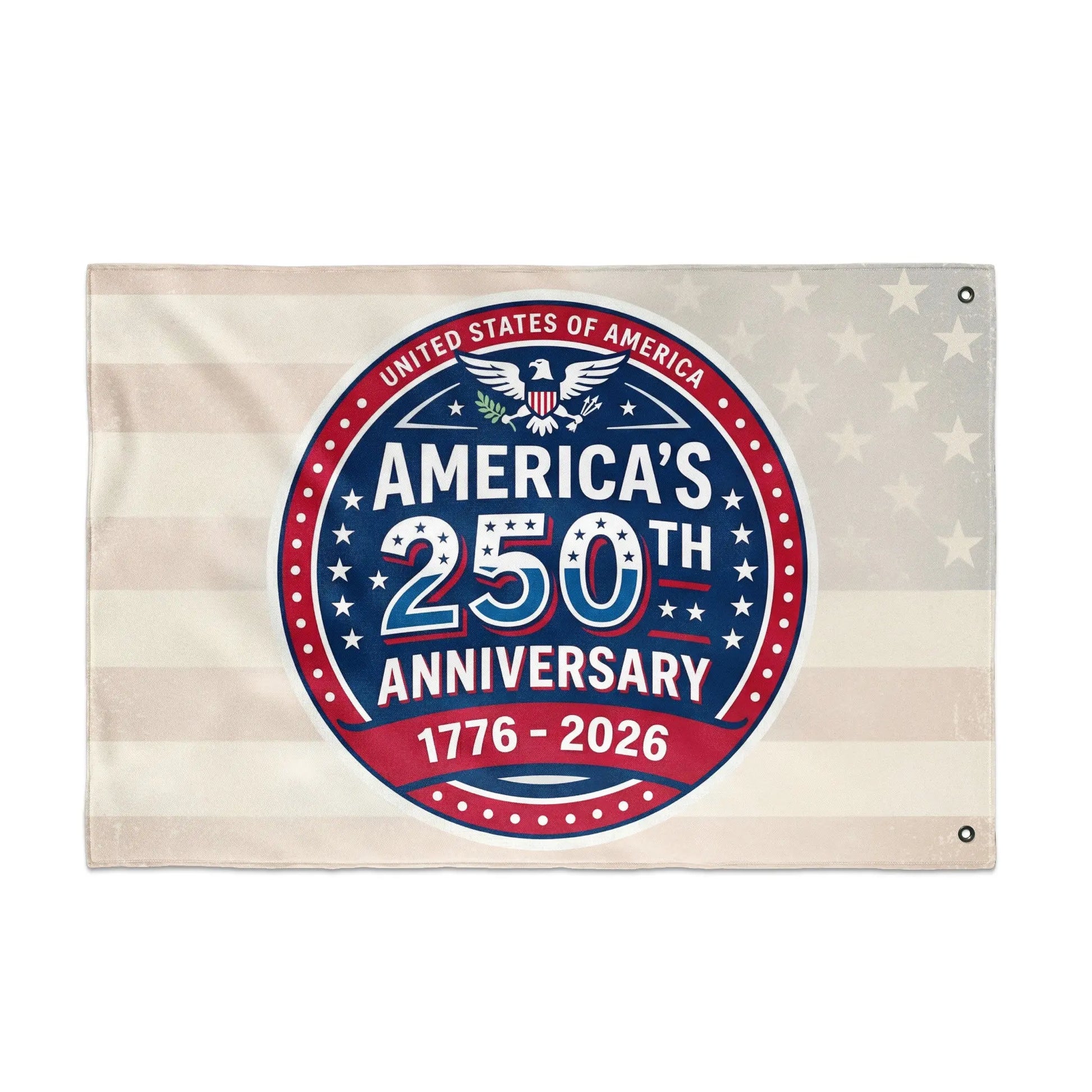 Flag with America's 250th Anniversary 1776-2026 emblem and patriotic background.