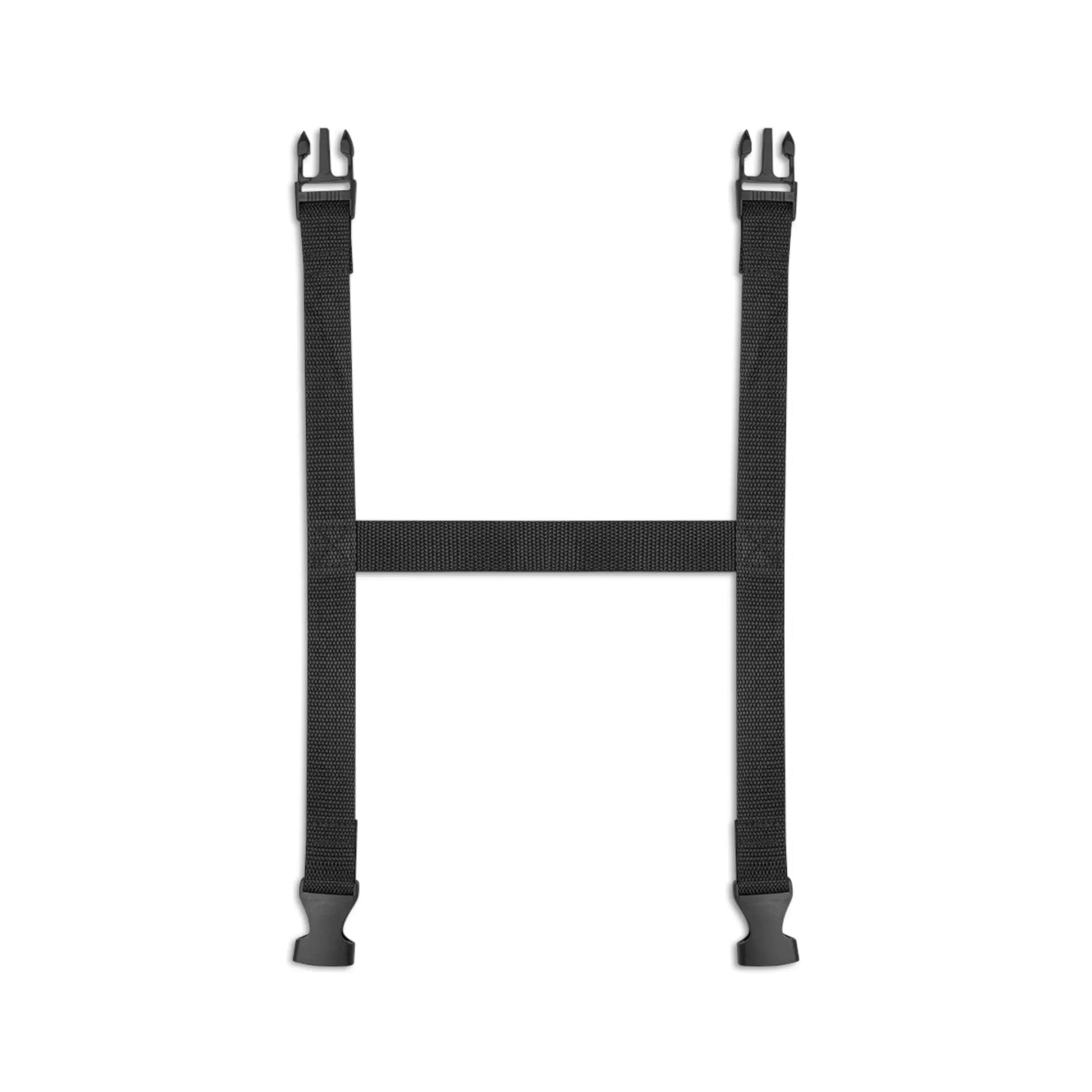 Black nylon straps with plastic buckles arranged in an H shape on a white background.